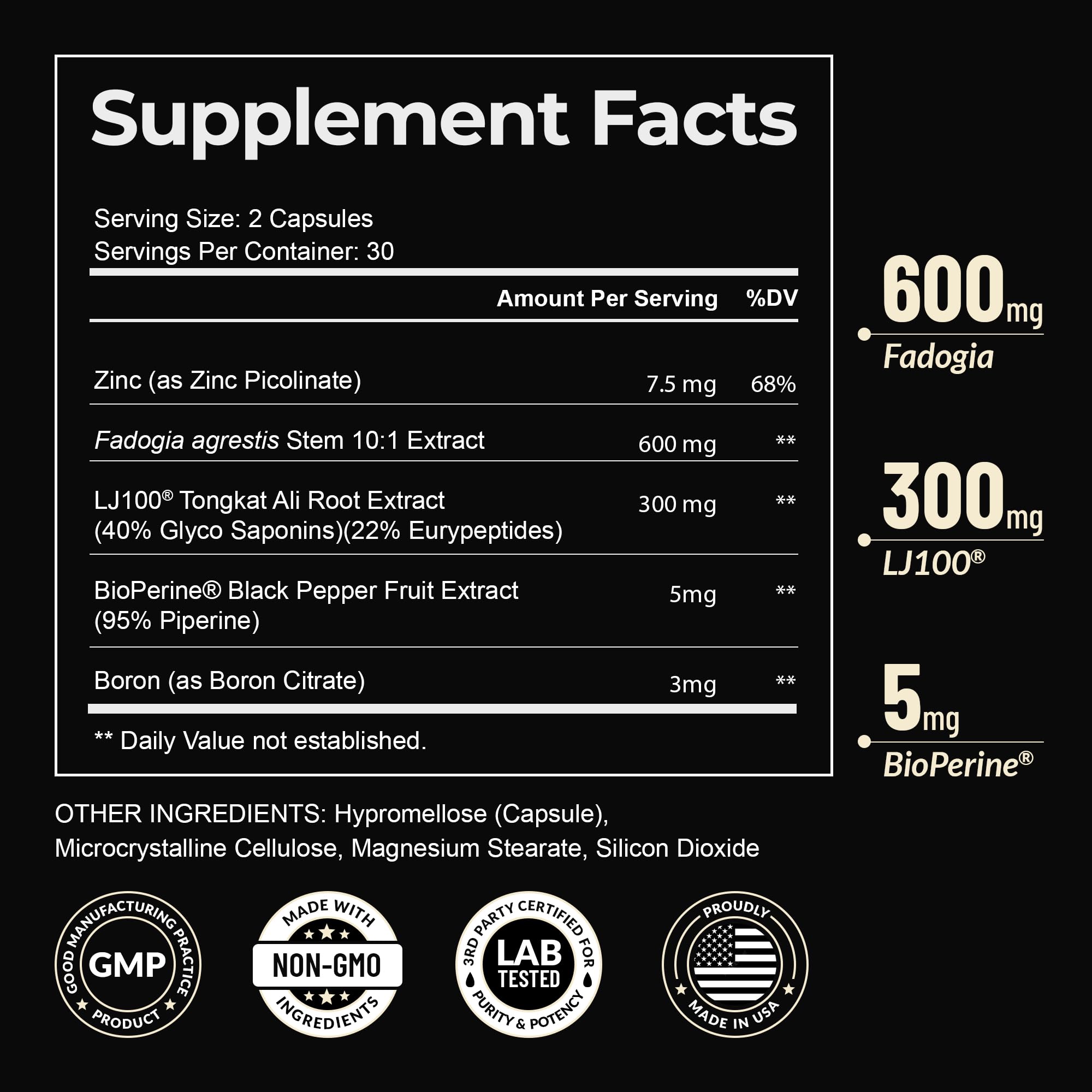 Earth Elixir Testosterone Support Supplement side view showing label