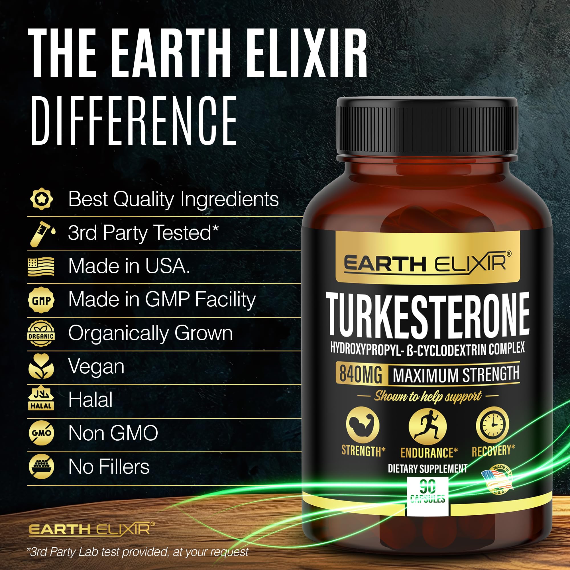 Earth Elixir Turkesterone Supplement 120 Capsules on a wooden table