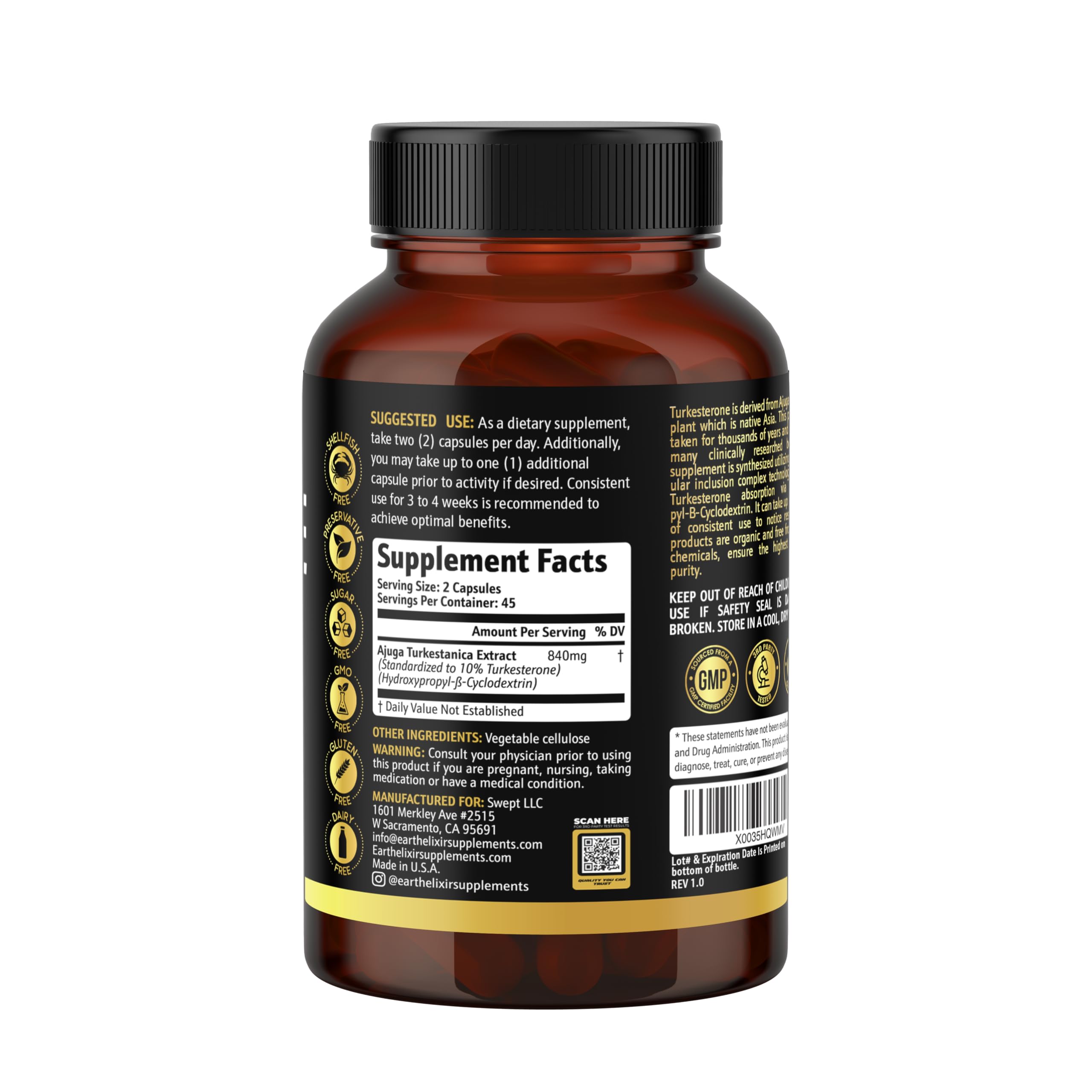 Earth Elixir Turkesterone Supplement 120 Capsules opened bottle