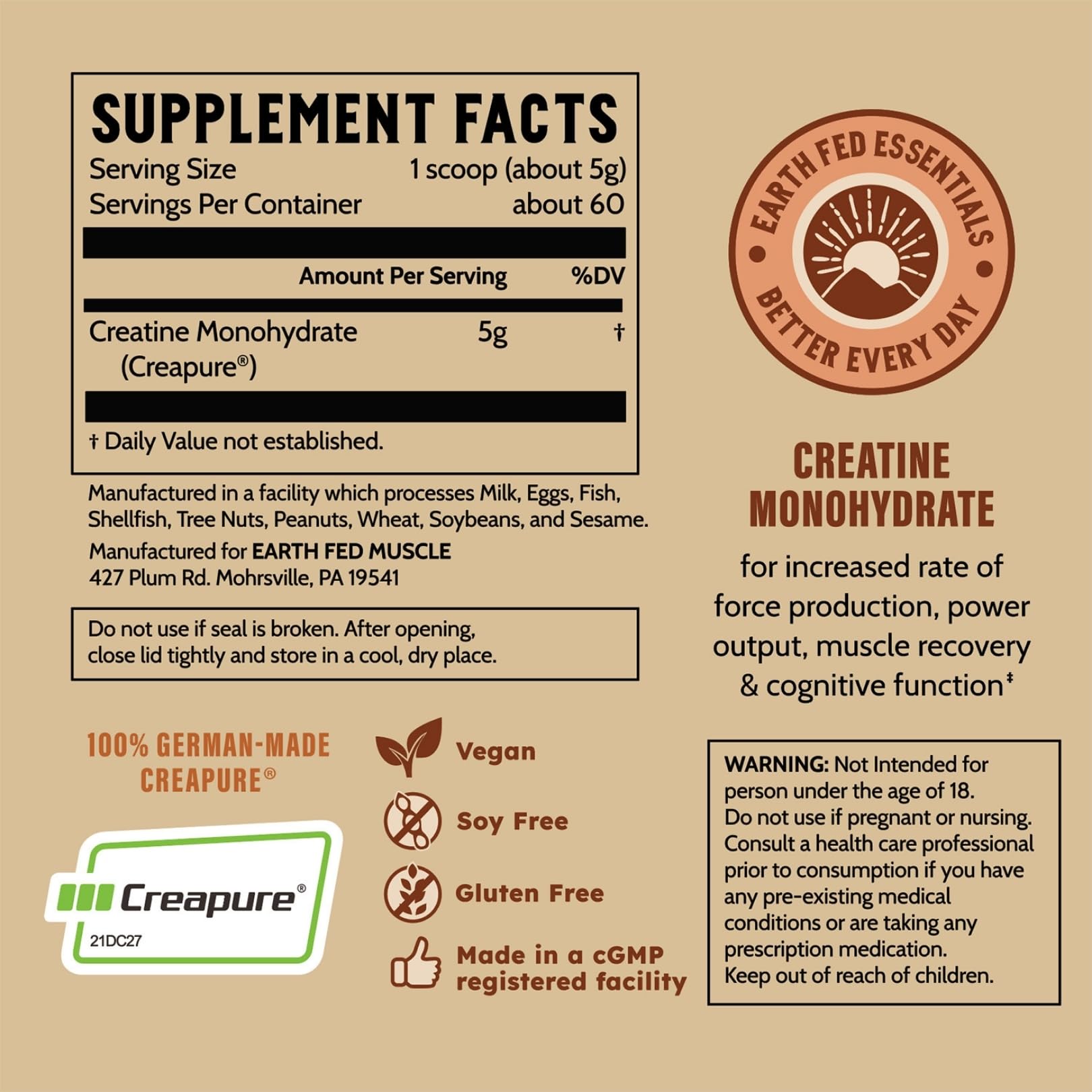 Earth Fed Muscle Creatine Monohydrate 322g on a kitchen counter