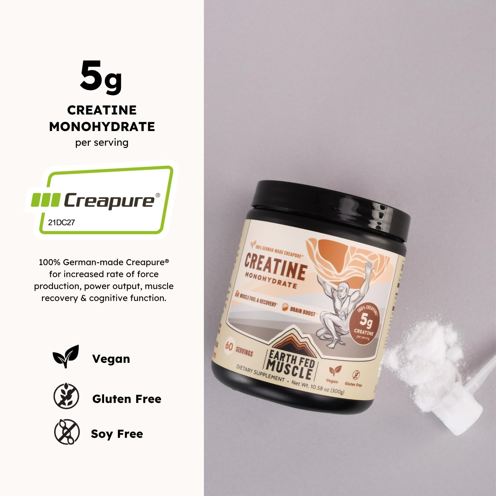 Earth Fed Muscle Creatine Monohydrate 322g scoop with powder