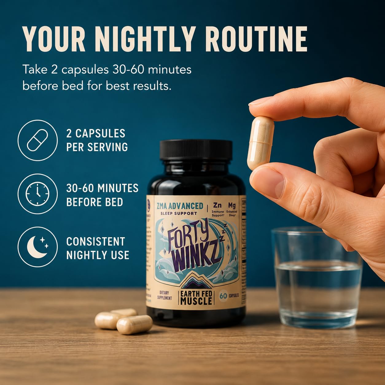Earth Fed Muscle Forty Winkz ZMA 60 Capsules with ingredients list