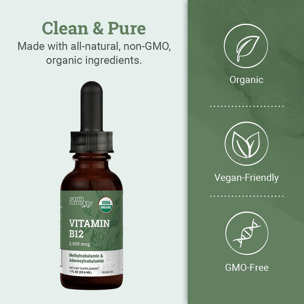Earth Harmony Naturals B12 Liquid Drops packaging on a wooden table
