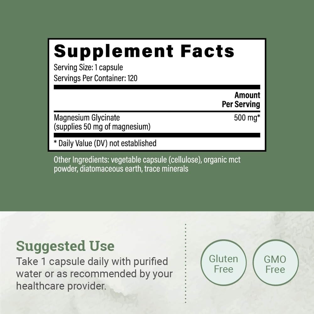 Earth Harmony Naturals Magnesium Glycinate 200mg capsules with organic MCT powder