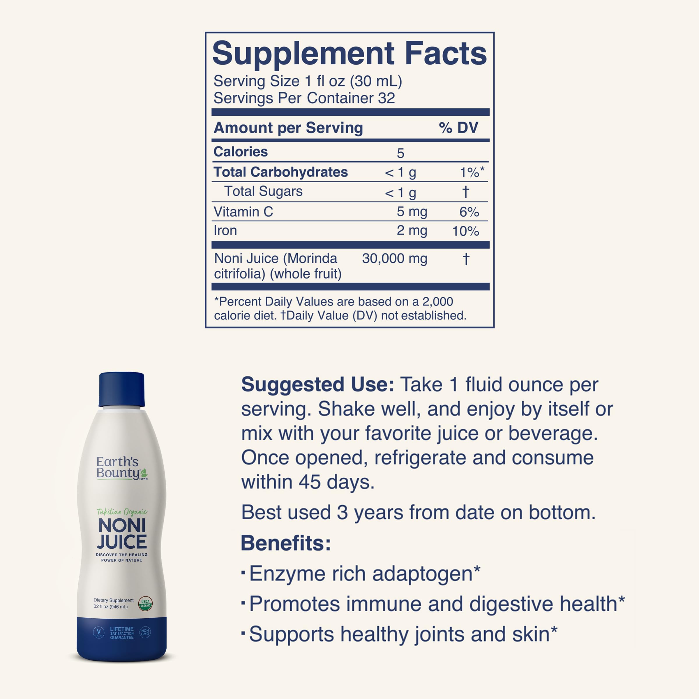 Earth's Bounty Noni Juice 100% Pure Organic 907g nutritional information