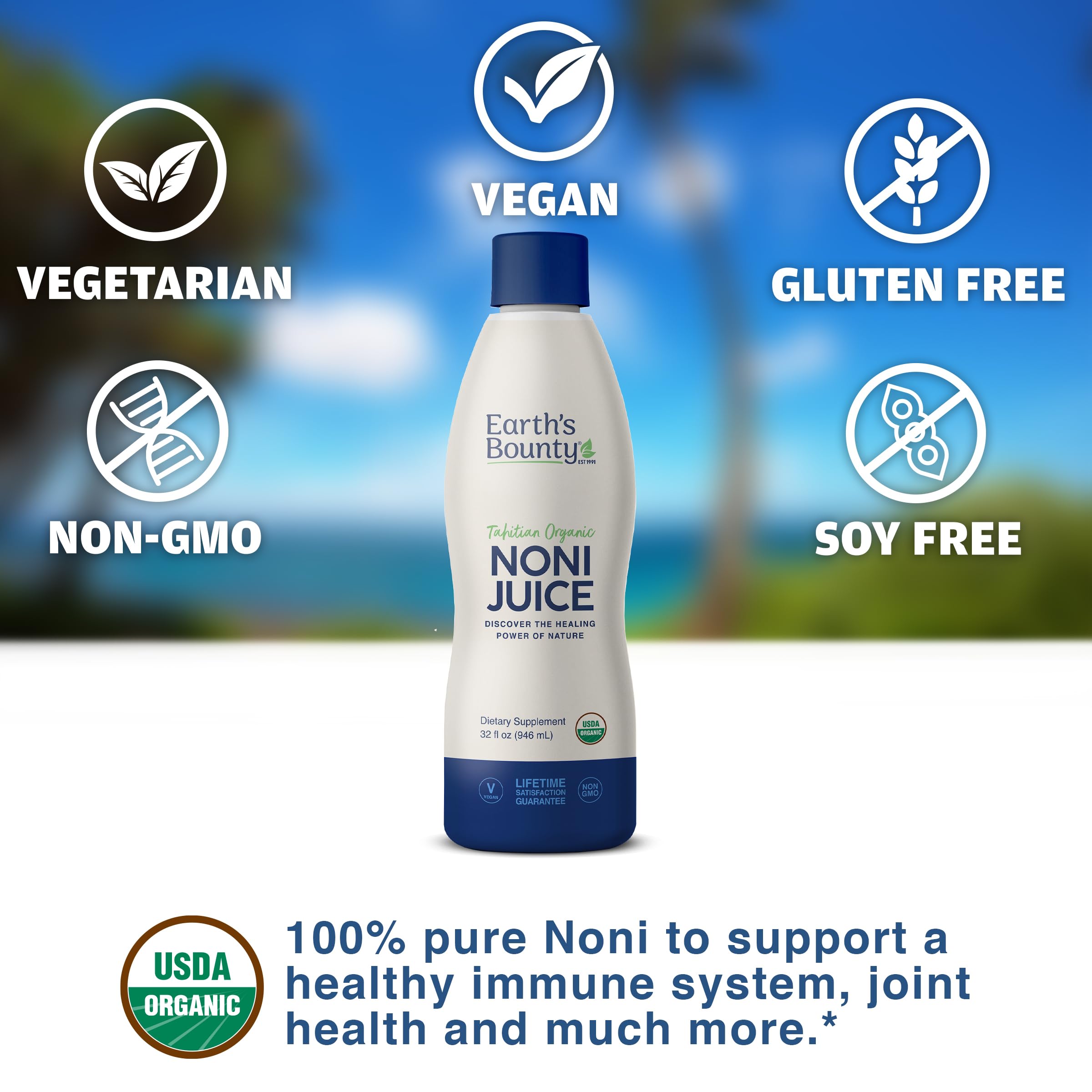 Earth's Bounty Noni Juice 100% Pure Organic 907g packaging details