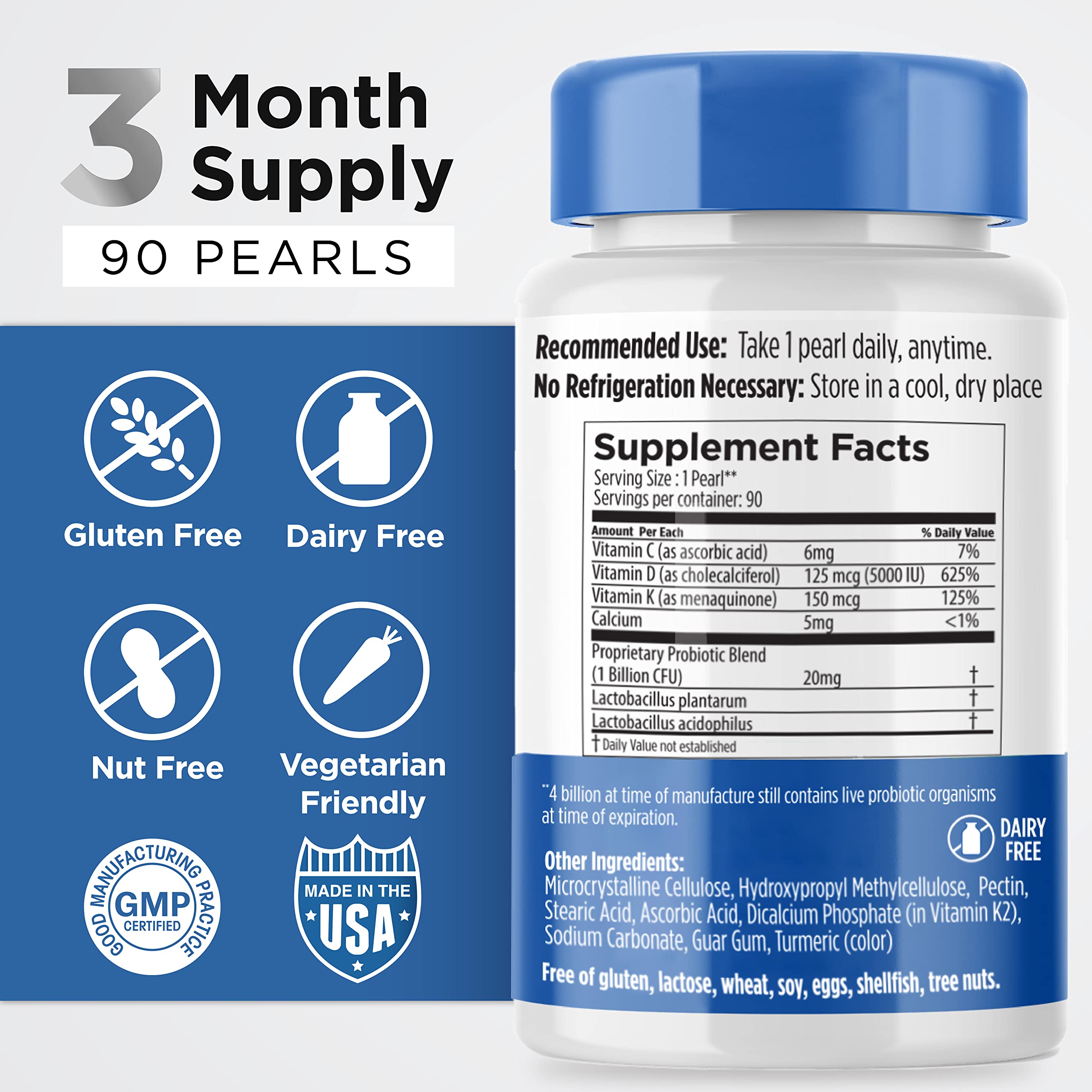 Earth's Pearl Probiotic Supplement side view with dosage information