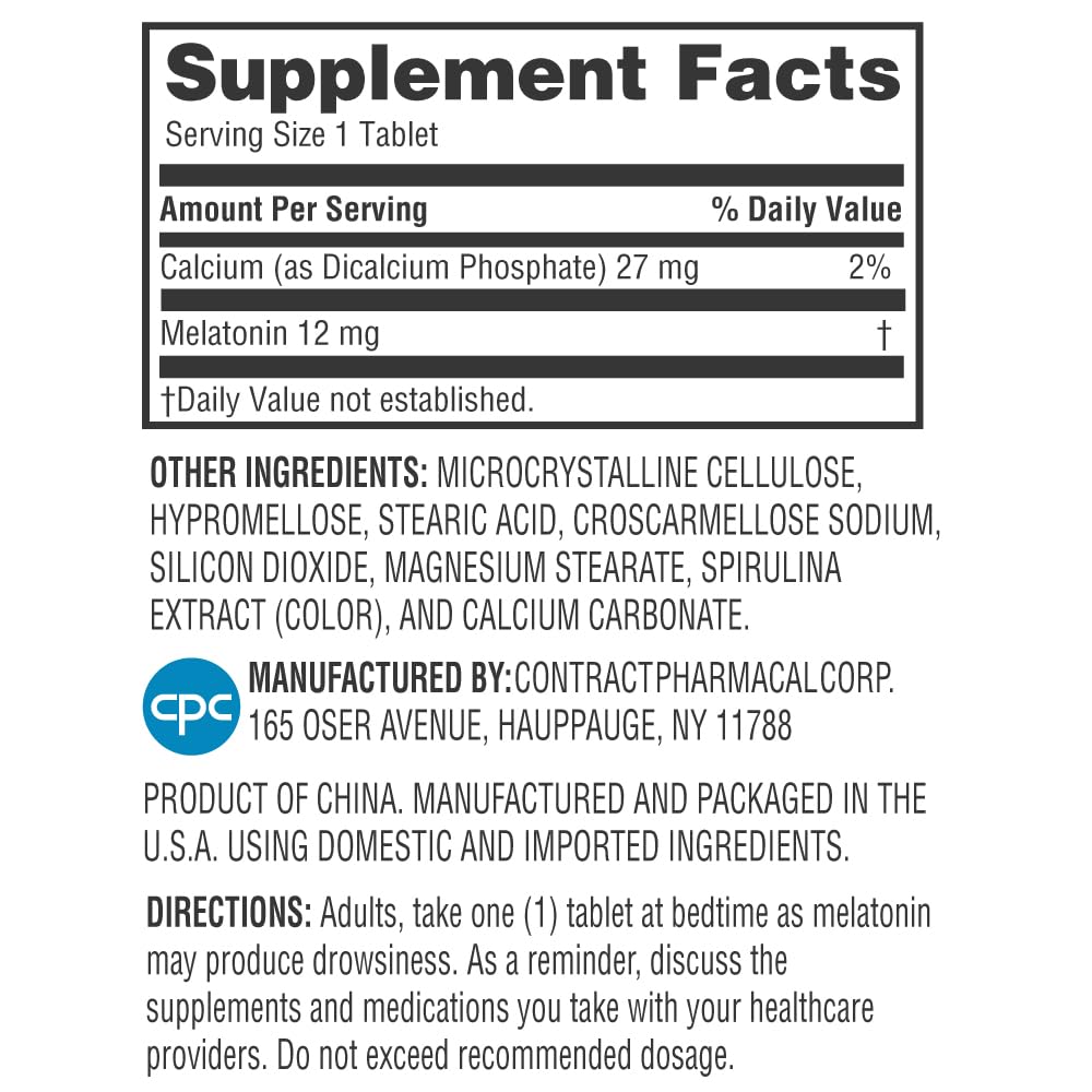 Earth's Splendor Melatonin 12mg Bilayer Tablets side view showing dosage
