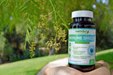 Earth's Wisdom Elderberry supplement capsules and fresh elderberries