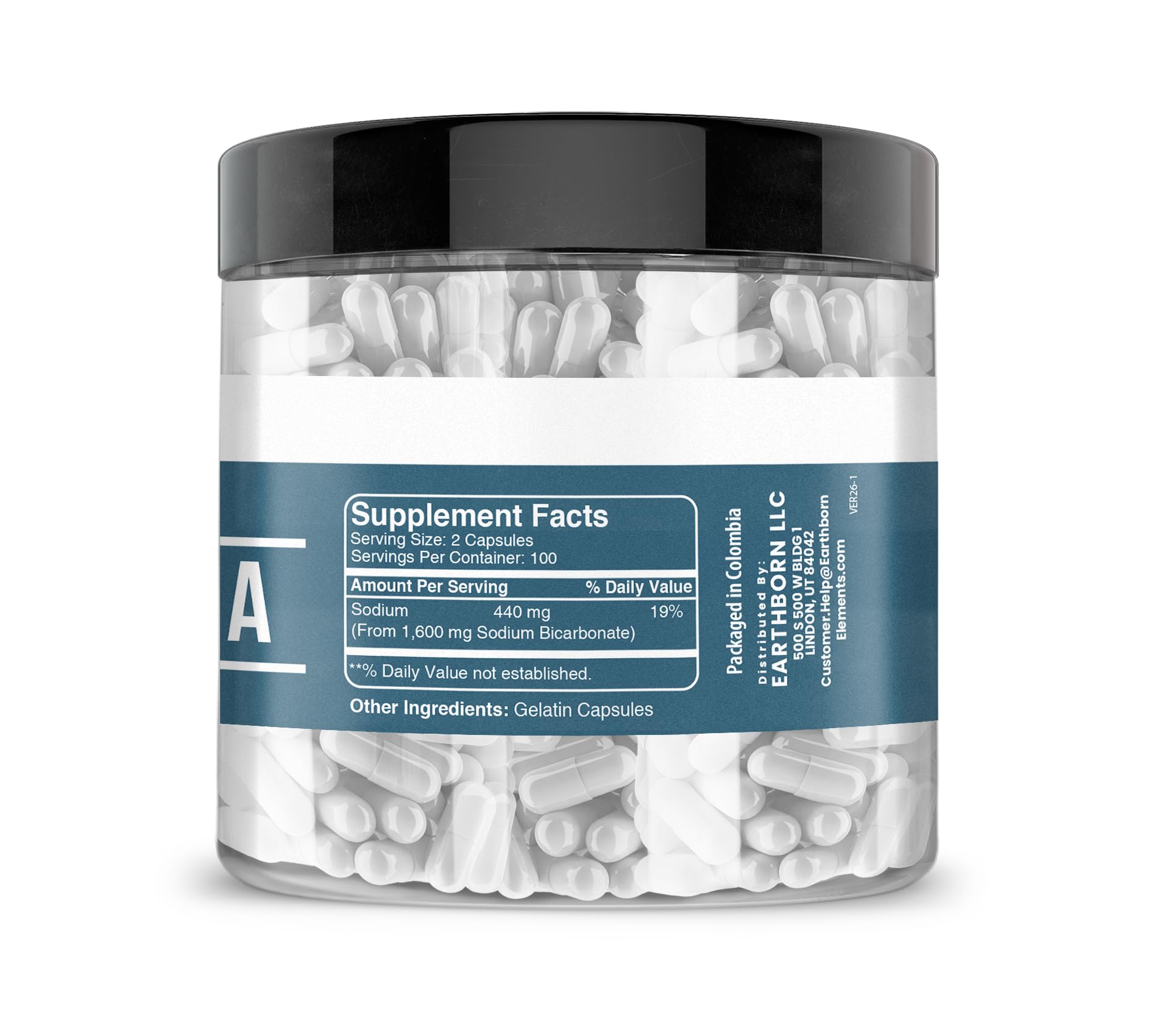 Earthborn Elements Baking Soda 200 Capsules bottle side view