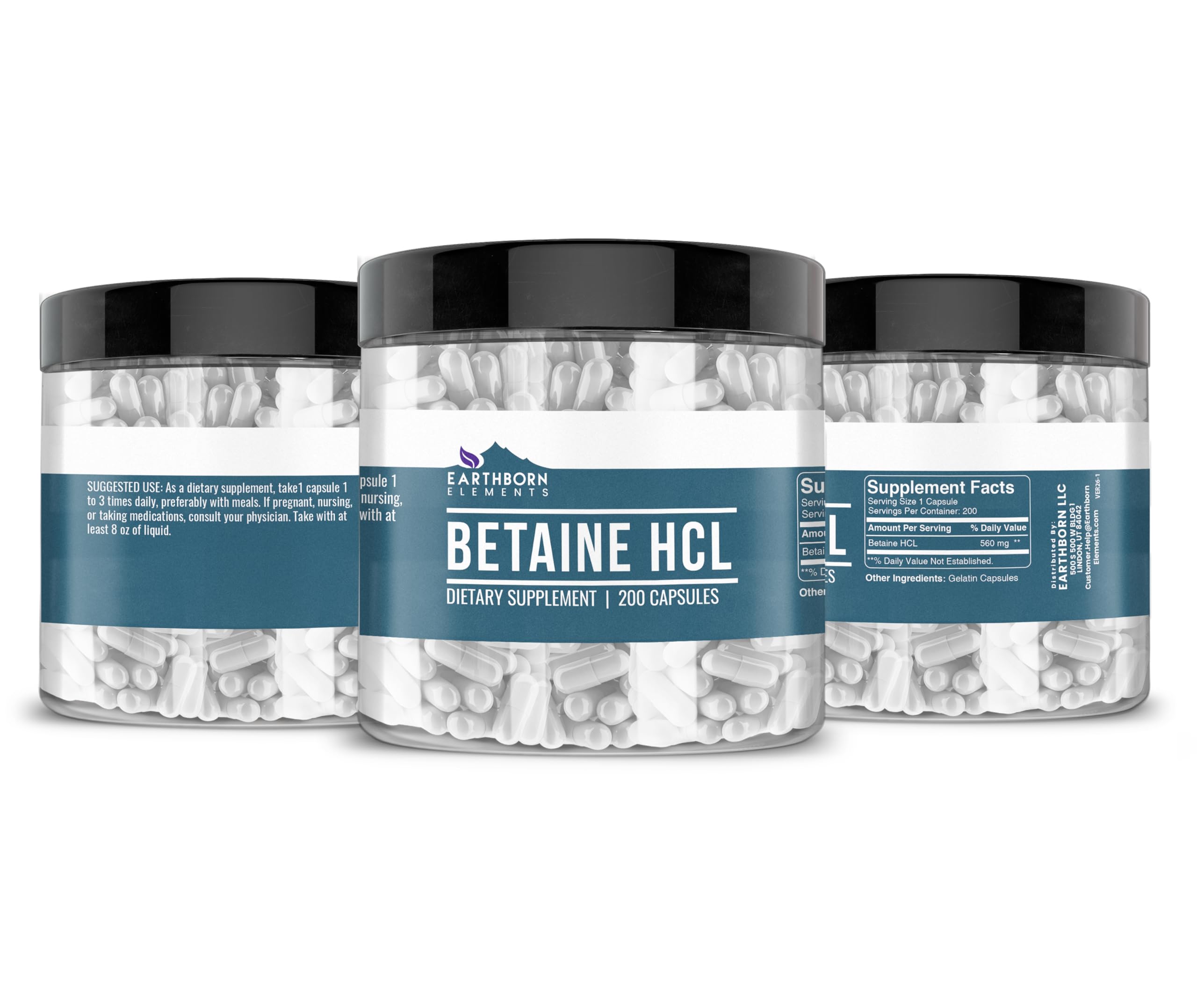 Earthborn Elements Betaine HCl Capsules open jar with capsules visible