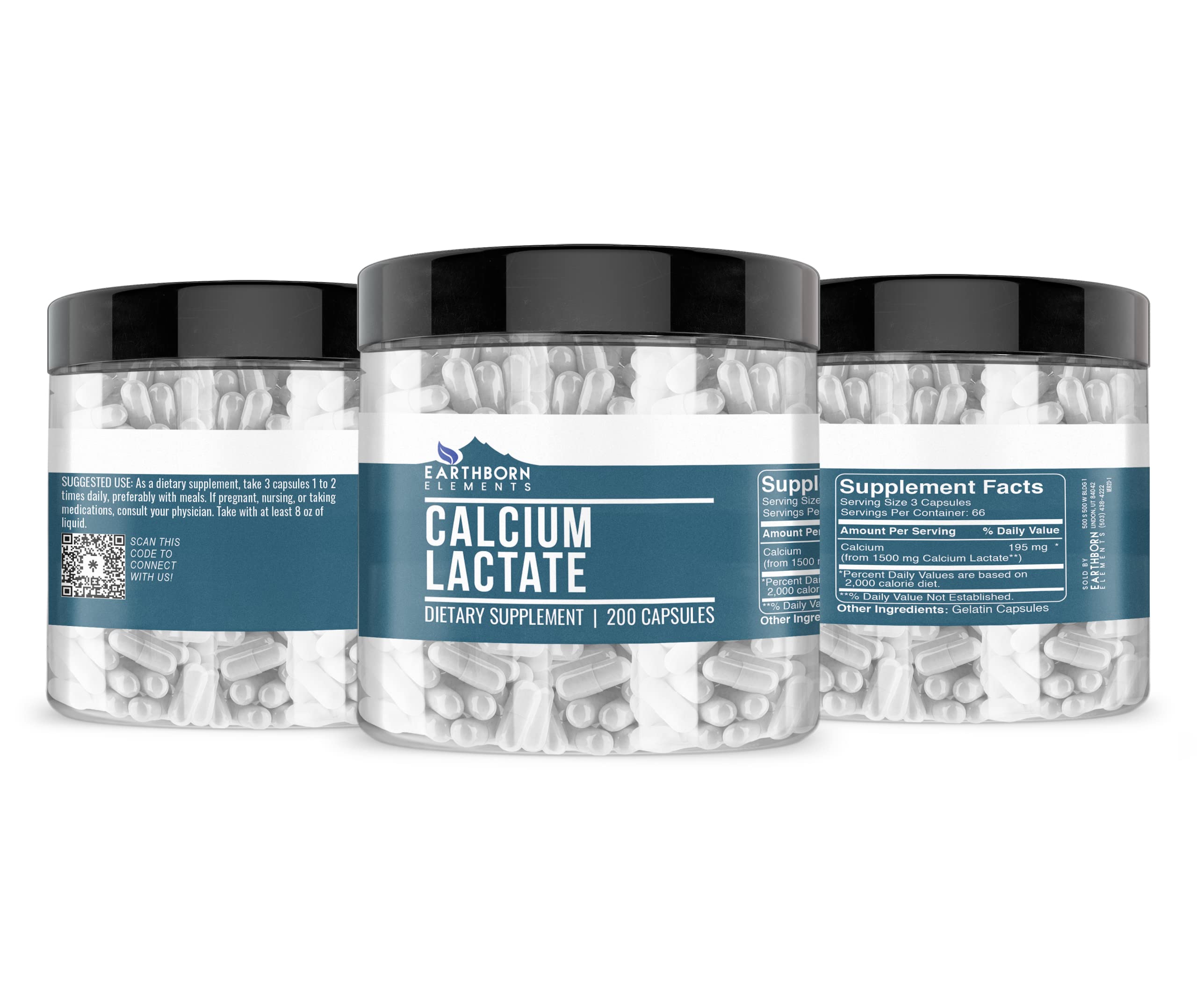 Earthborn Elements Calcium Lactate 200 Capsules bottle side view