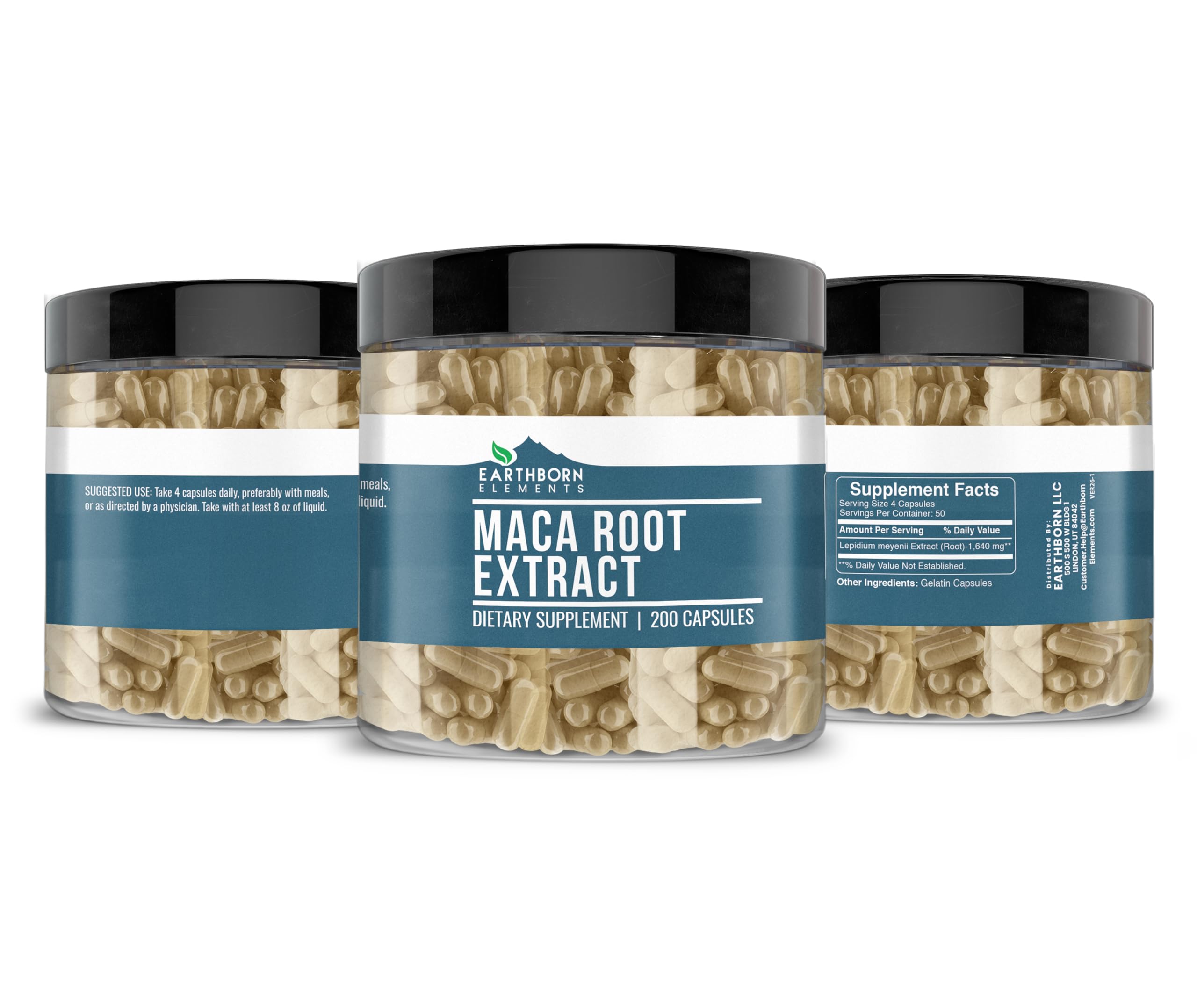 Earthborn Elements Maca Root Extract Capsules on a wooden table
