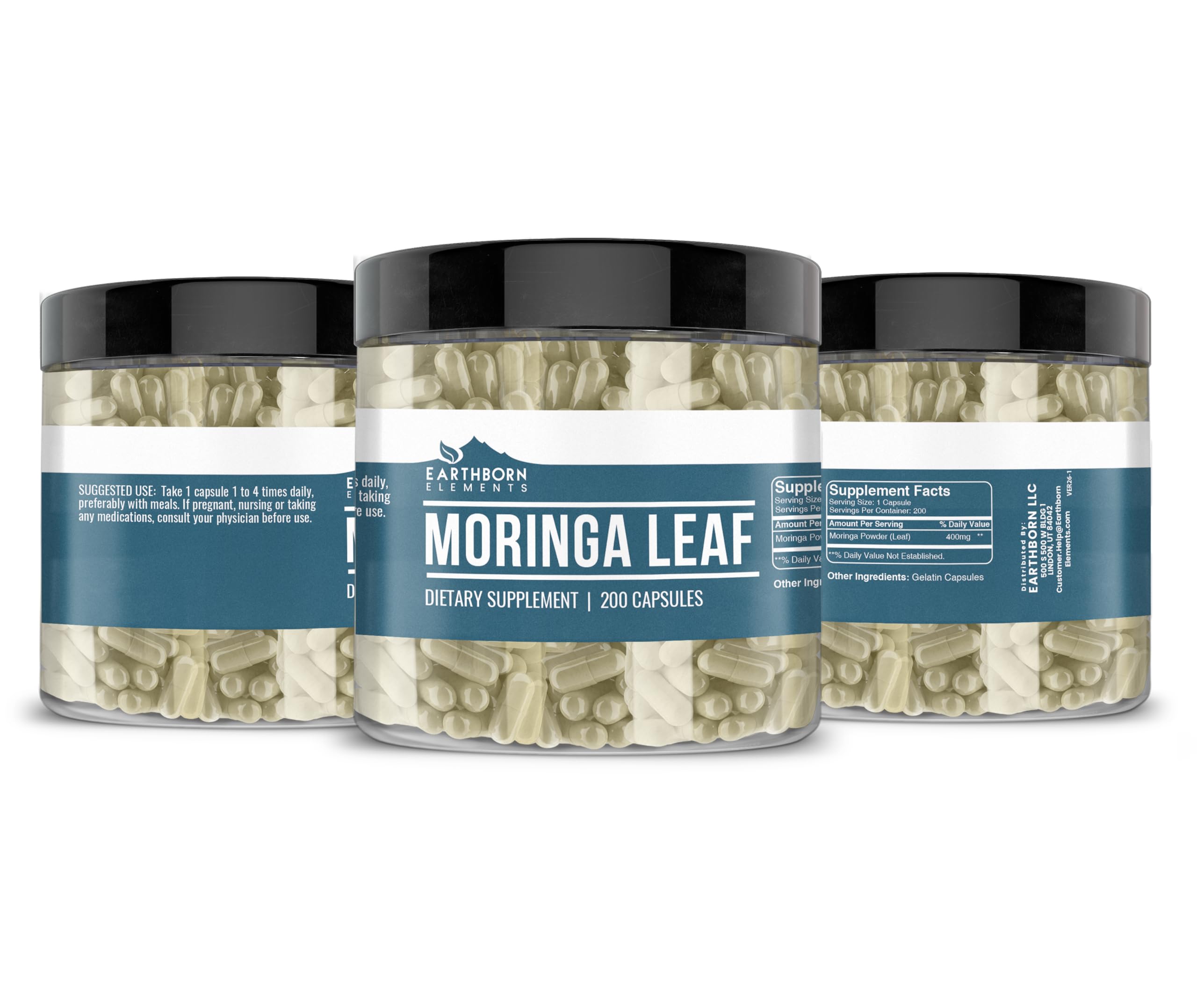 Earthborn Elements Moringa Capsules on a wooden table