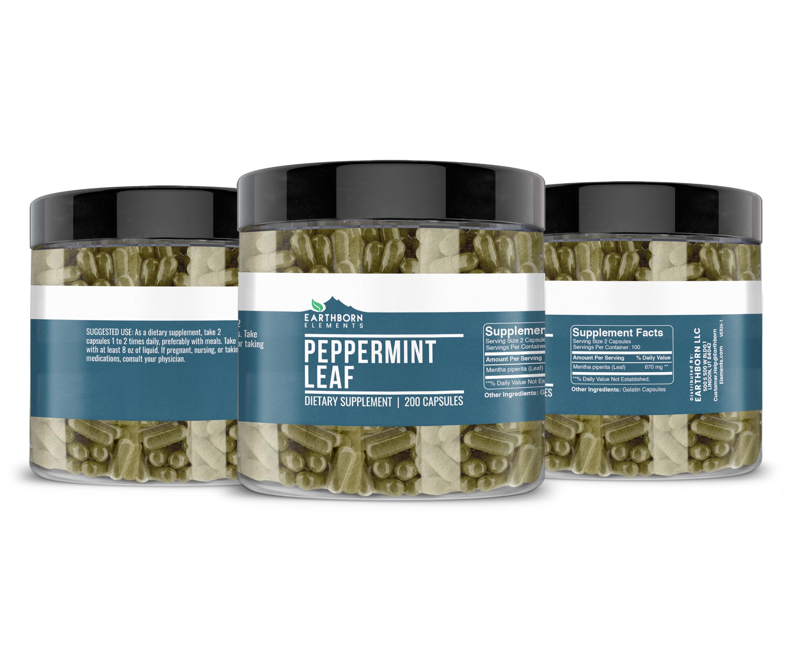 Earthborn Elements Peppermint Leaf Capsules on a wooden table
