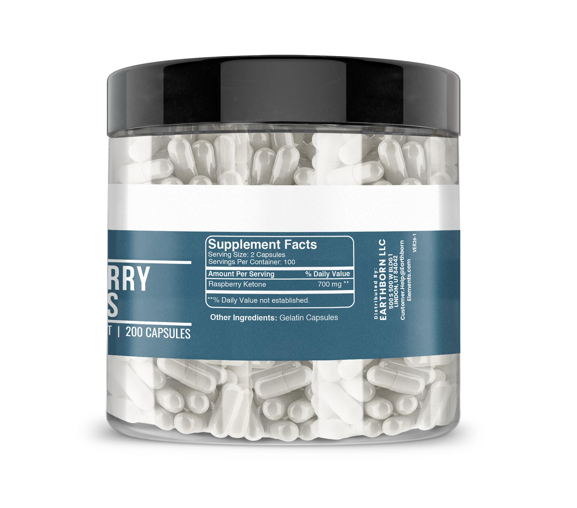 Earthborn Elements Raspberry Ketone capsules close-up showing size and detail