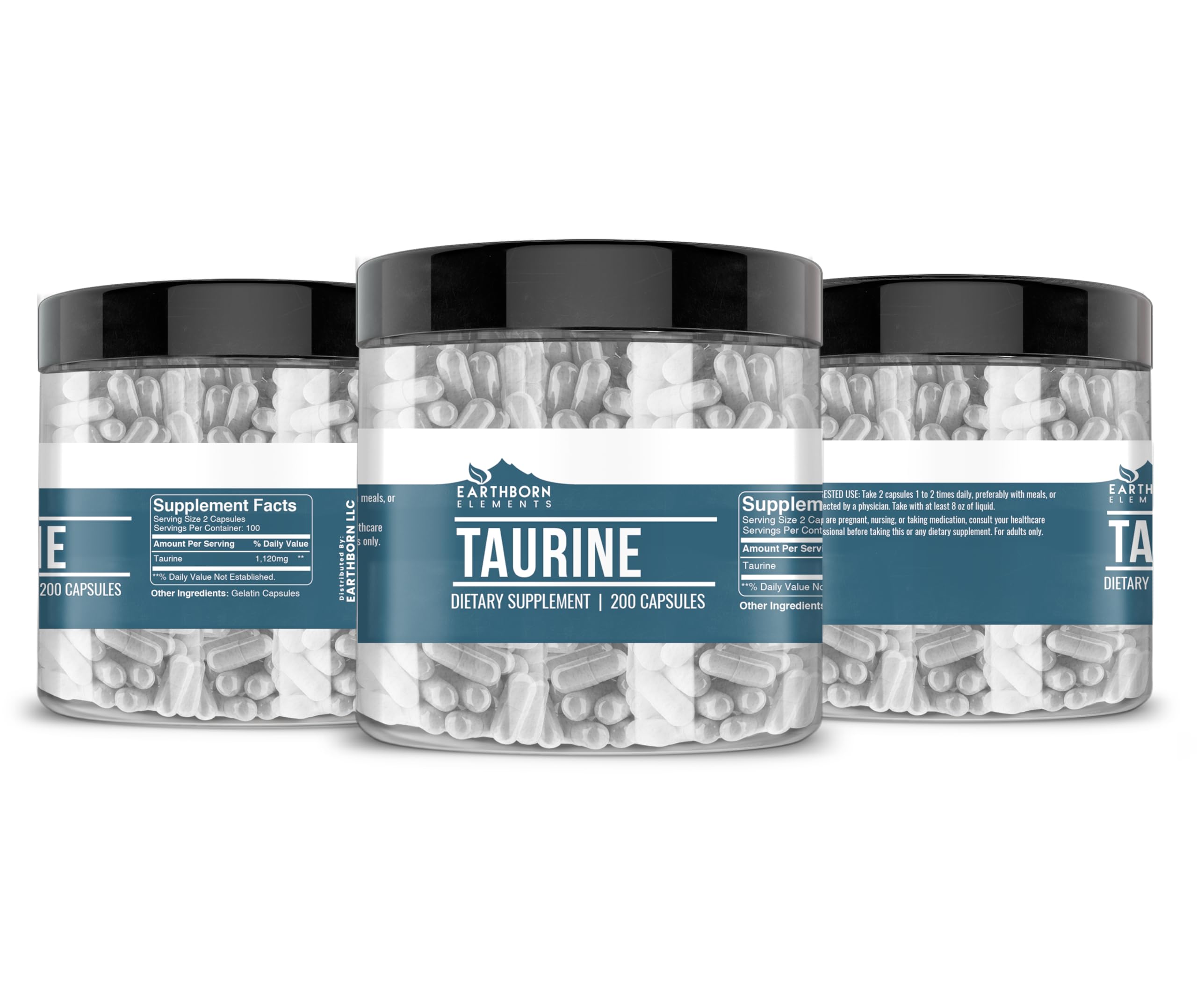 Earthborn Elements Taurine Capsules on a wooden table