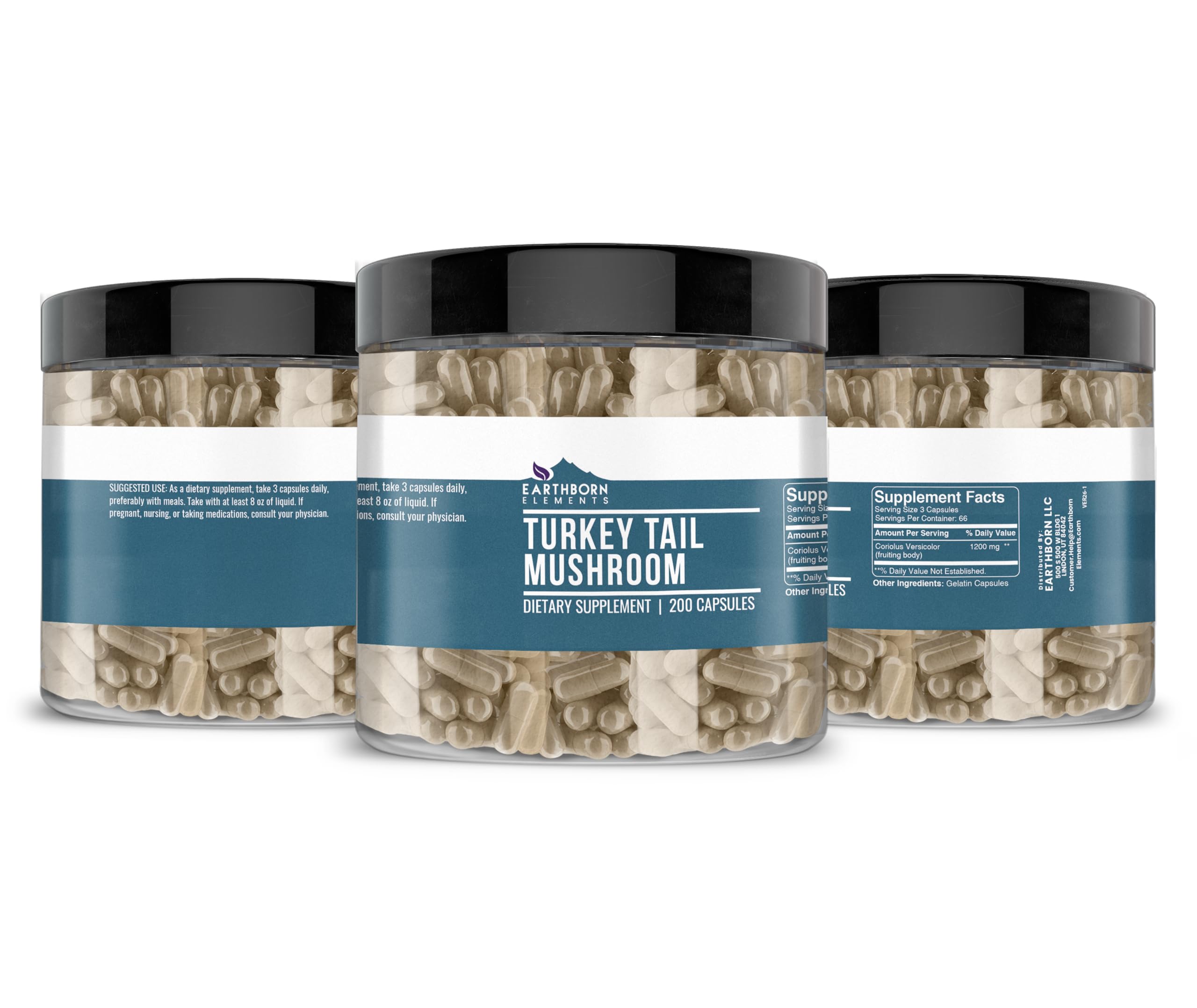 Earthborn Elements Turkey Tail Mushroom Capsules capsules on a table