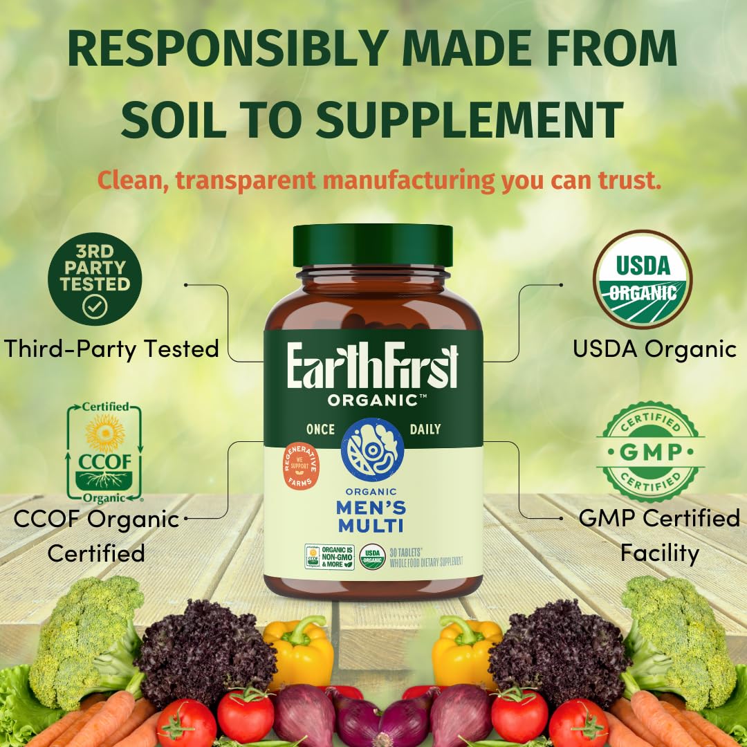EarthFirst Organic Men’s Multivitamin on a wooden table