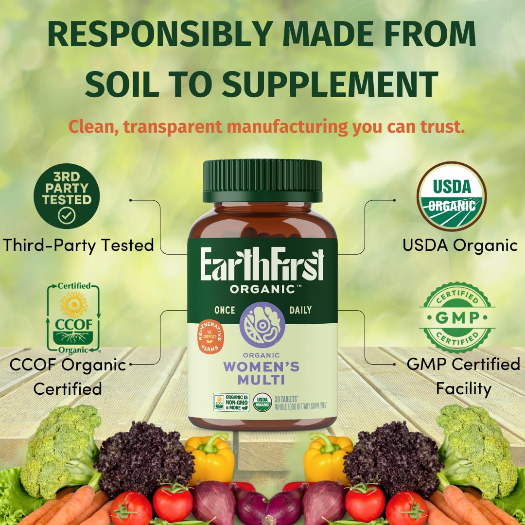 EarthFirst Organic Multivitamins tablet in hand