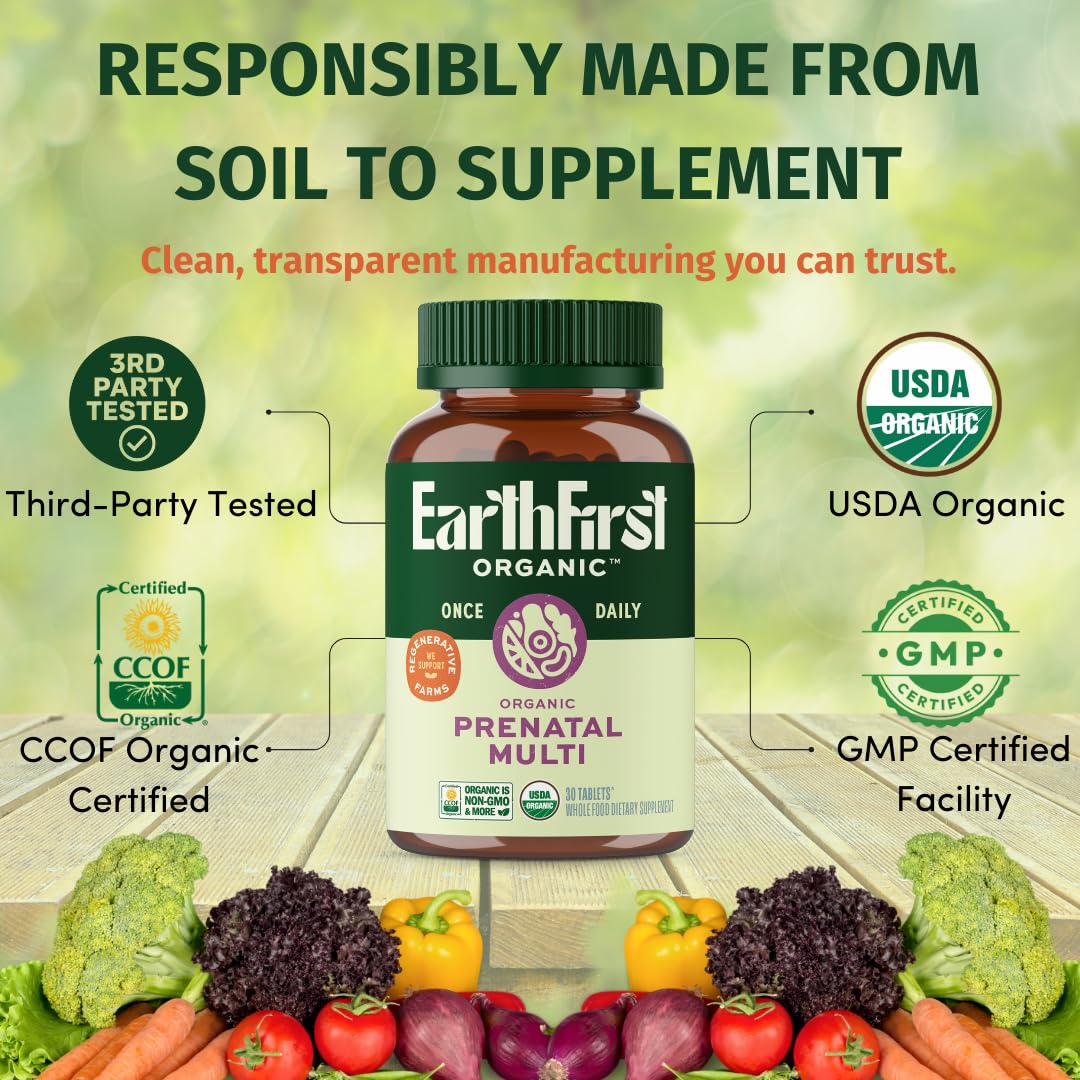EarthFirst Organic Prenatal Vitamins bottle on wooden table