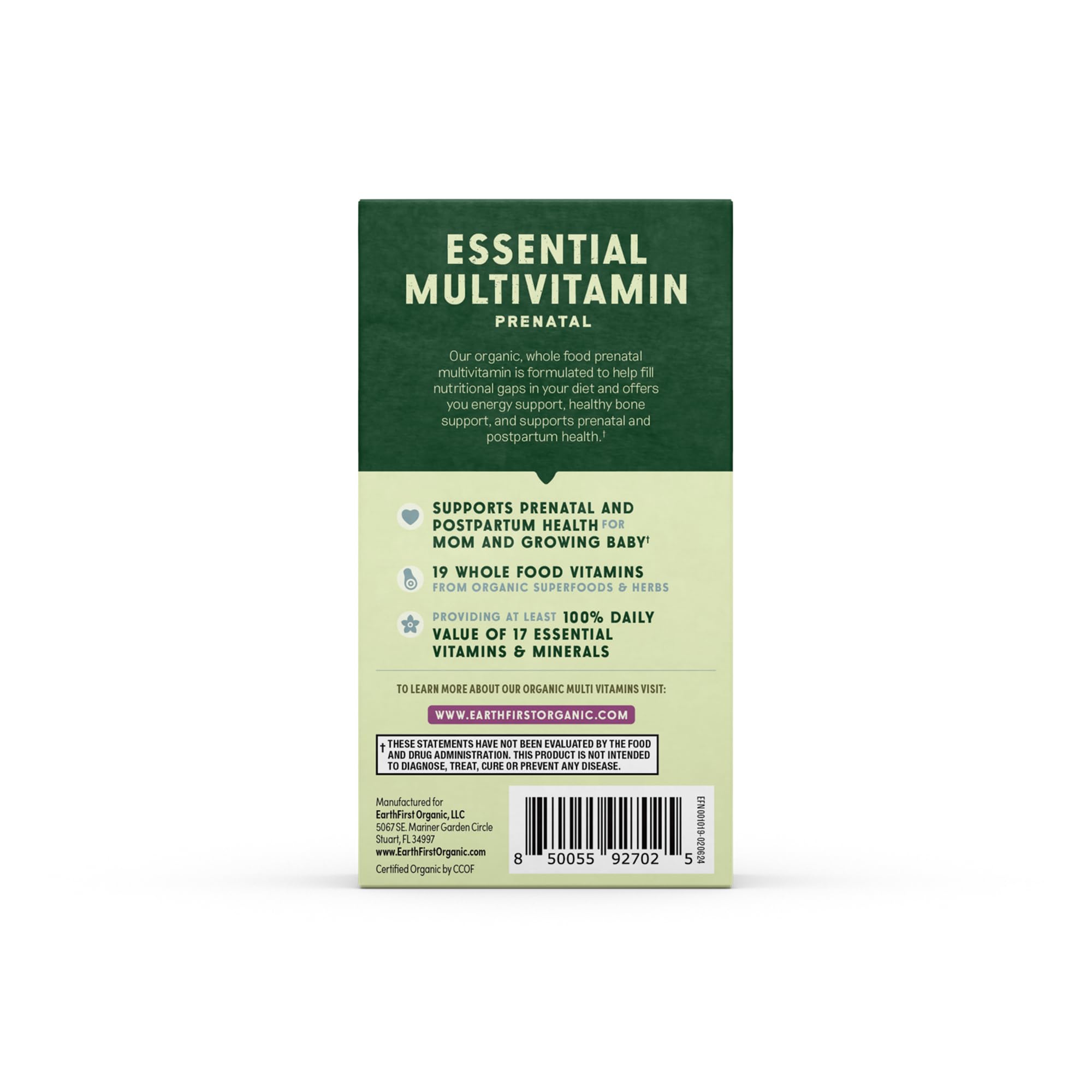 EarthFirst Organic Prenatal Vitamins displayed with fruits