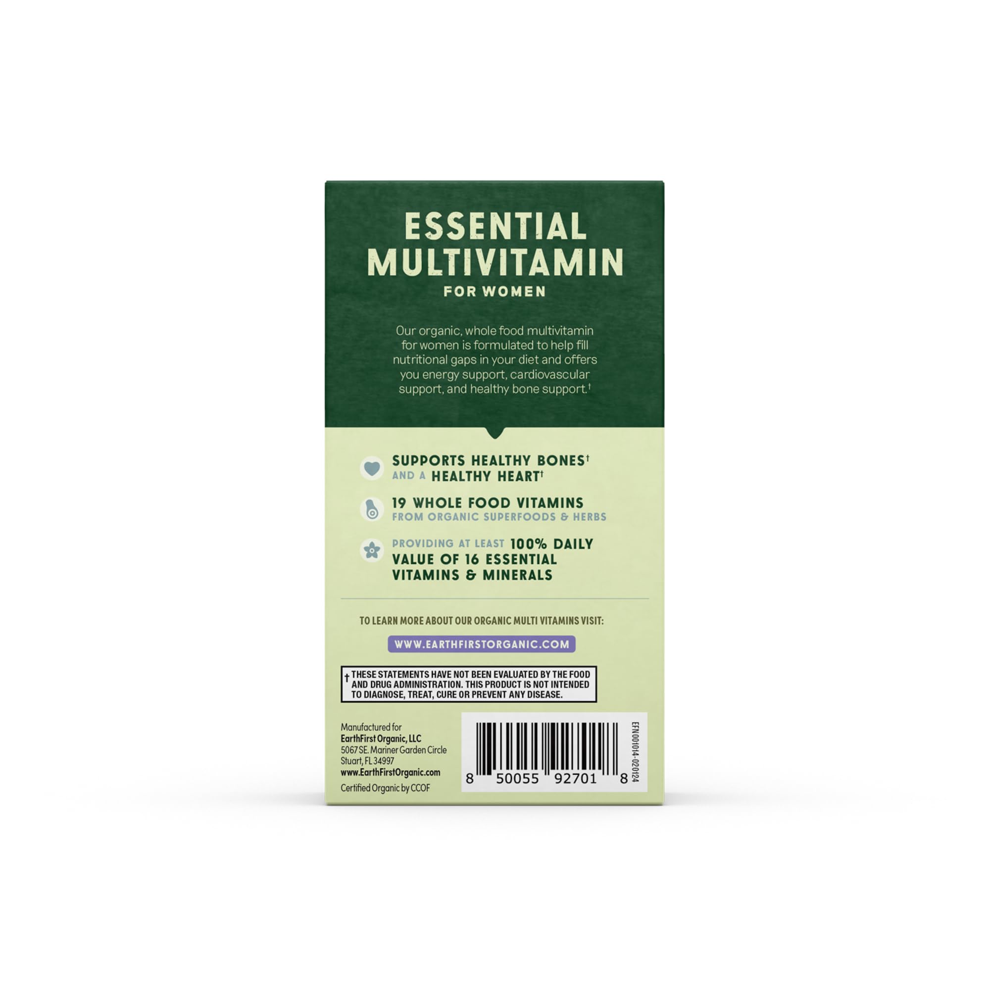 EarthFirst Organic Women's Multivitamin 50+ back view of packaging