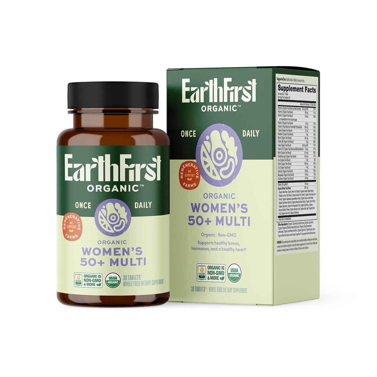 EarthFirst Organic Women's Multivitamin 50+ front view of packaging
