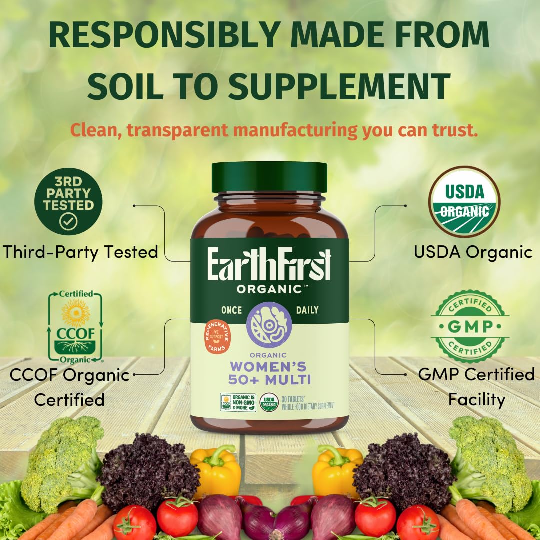 EarthFirst Organic Women's Multivitamin 50+ lifestyle scene with fruits