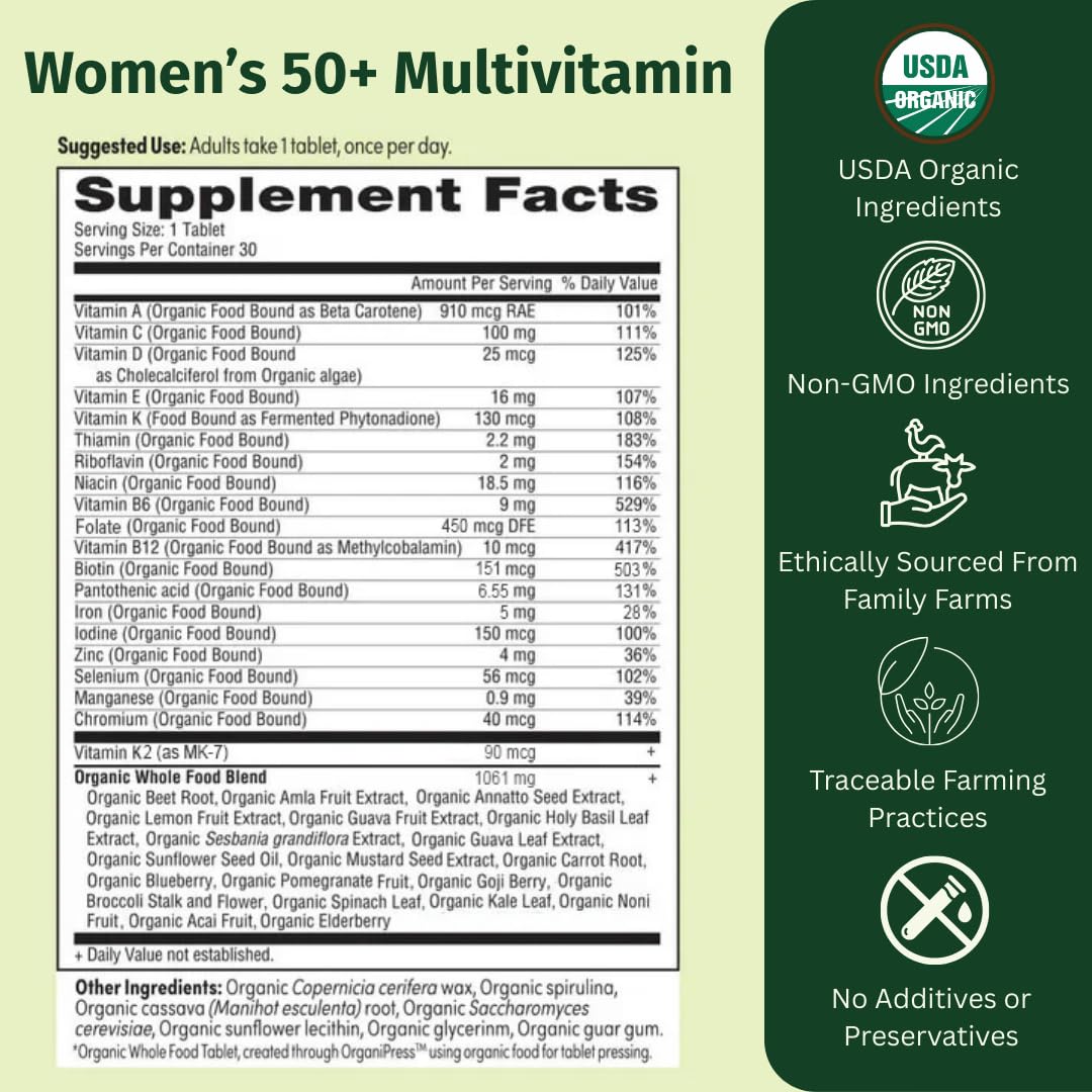 EarthFirst Organic Women's Multivitamin 50+ tablet close-up