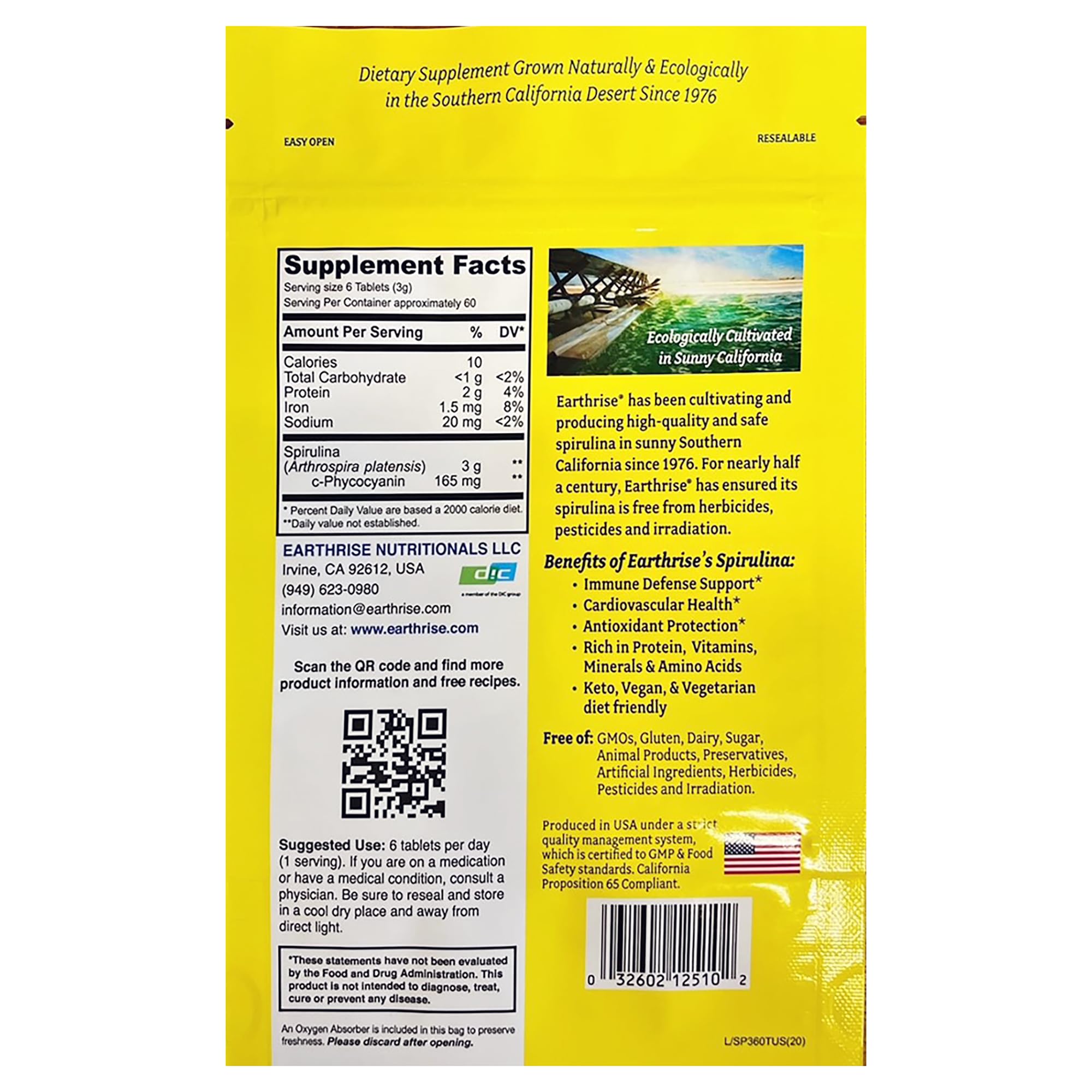 Earthrise Spirulina 200g package back view