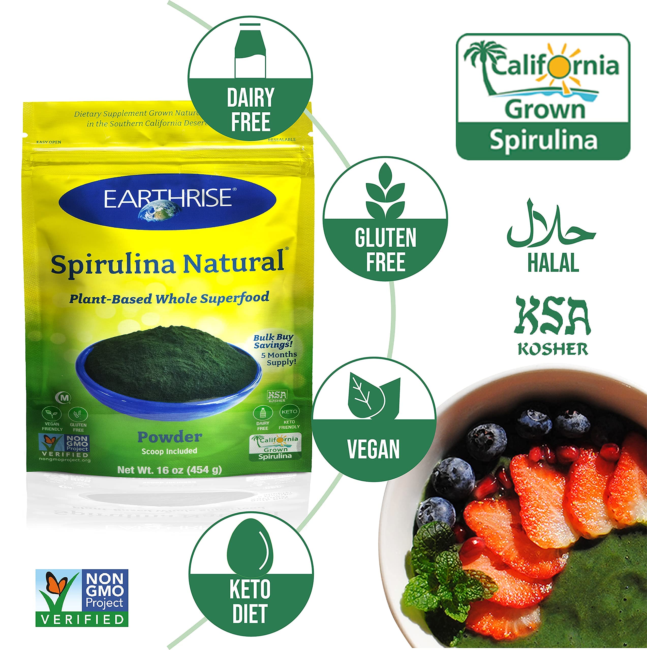 Earthrise Spirulina 476g lifestyle scene with fresh ingredients