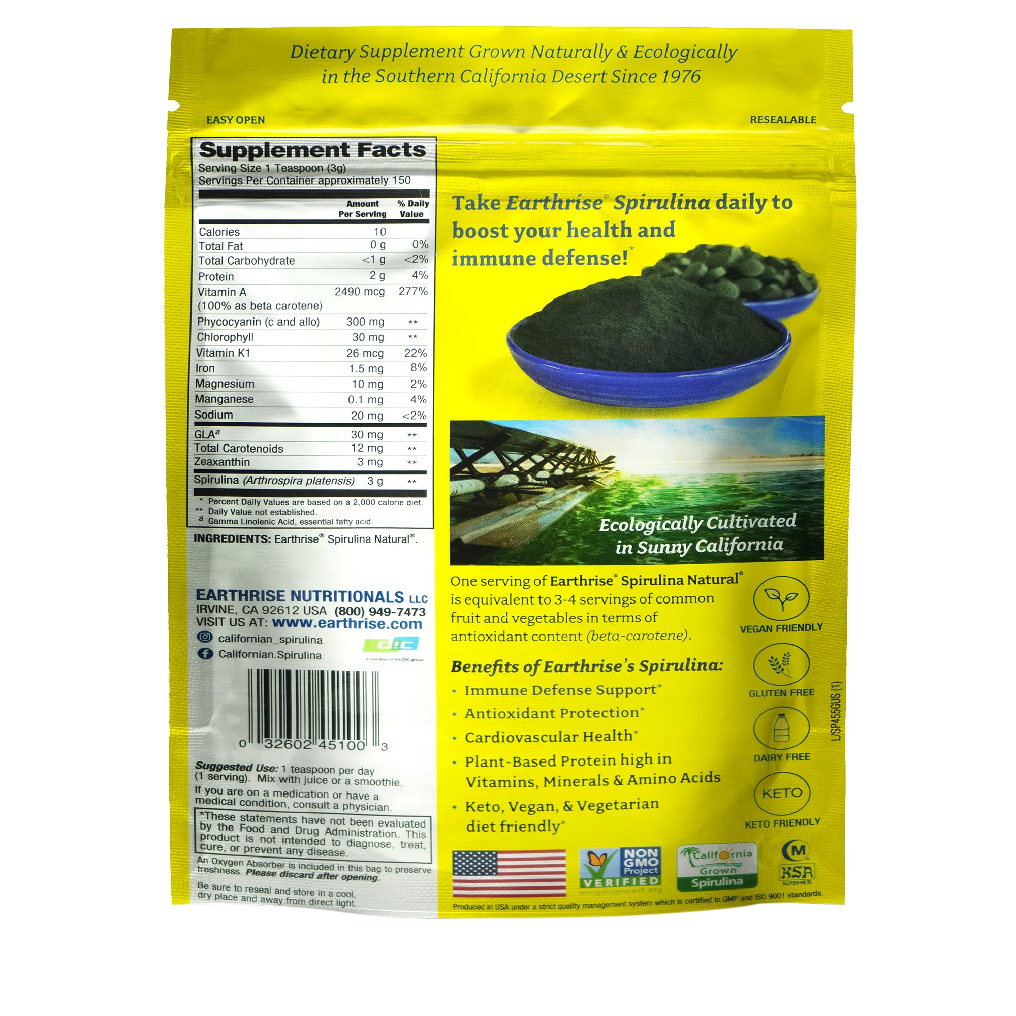 Earthrise Spirulina 476g side view showing capsule details