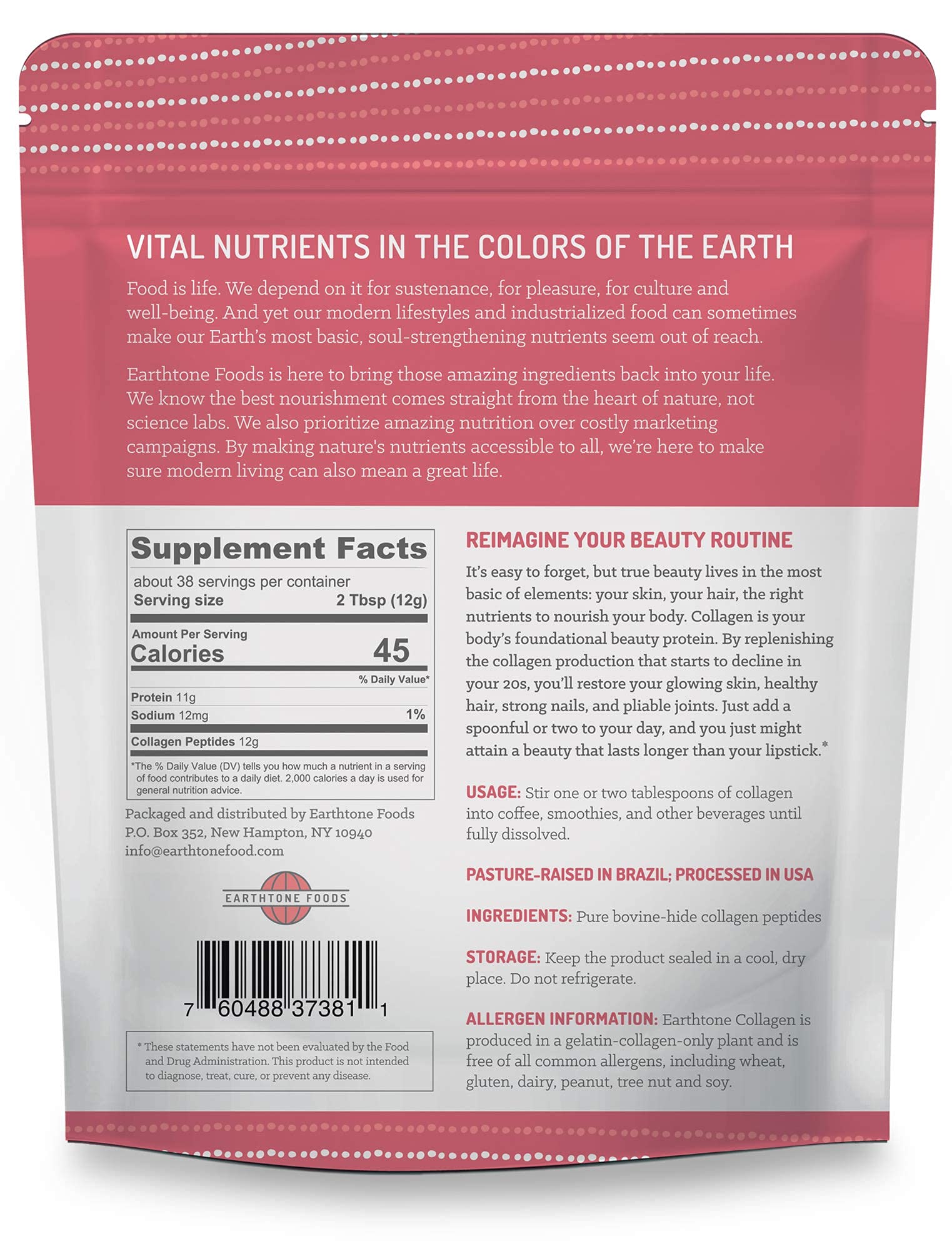 EARTHTONE Collagen Powder 454g side view showing label