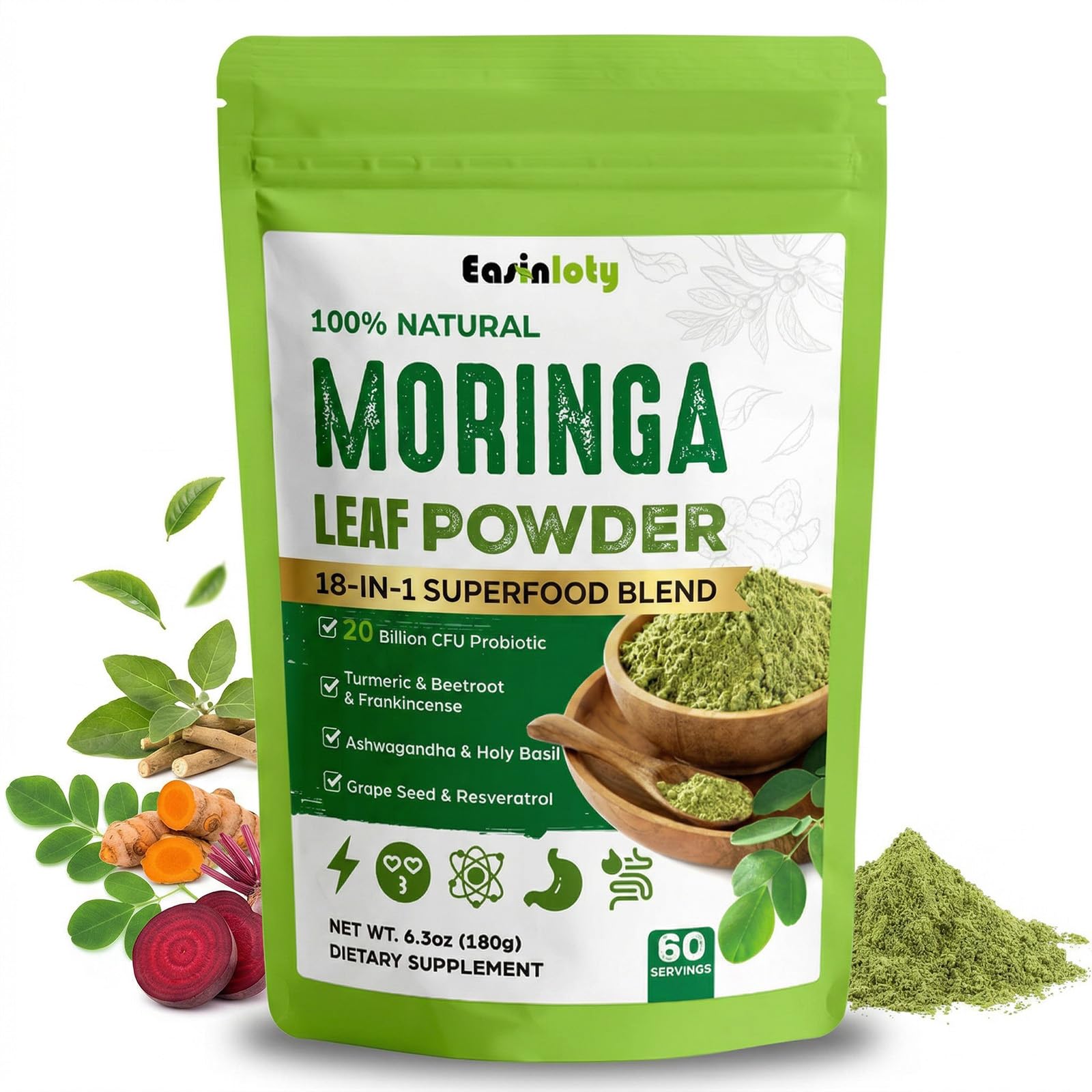 Easinloty Organic Moringa Powder packaging front view