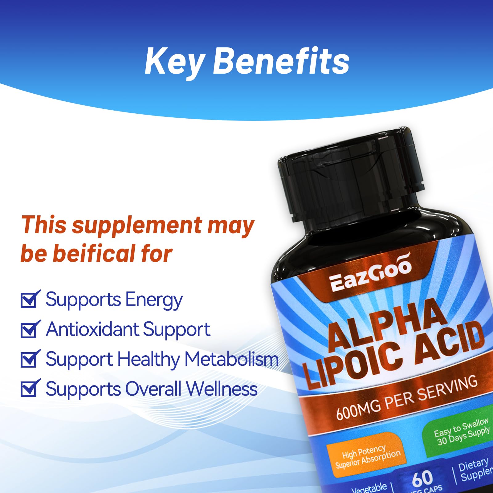 EAZGOO Alpha Lipoic Acid 600 mg capsules easy to swallow