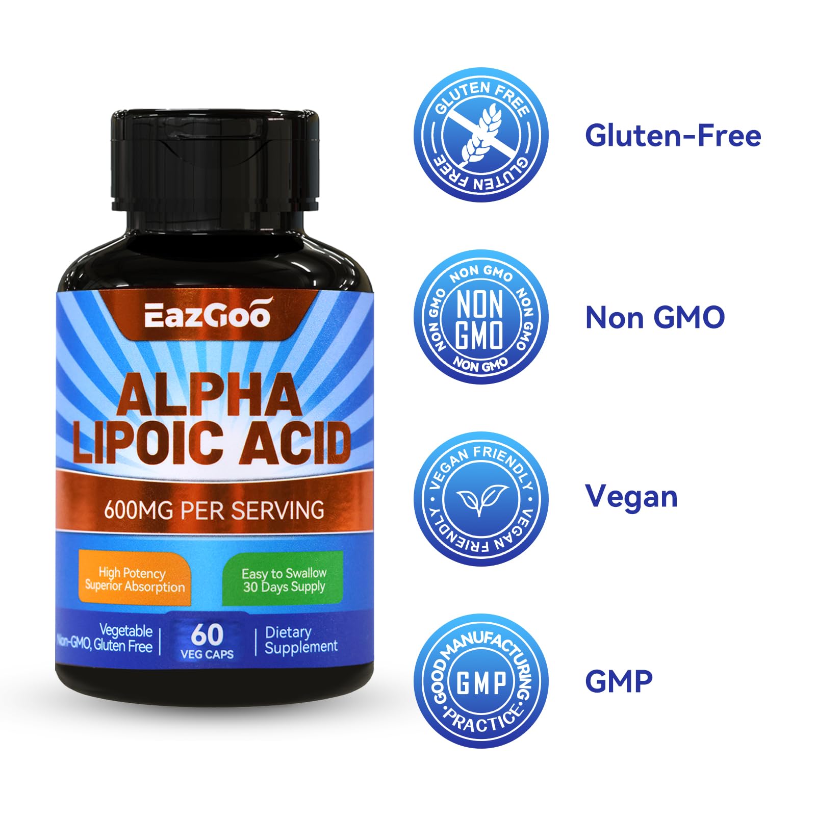 EAZGOO Alpha Lipoic Acid 600 mg capsules on a wooden table