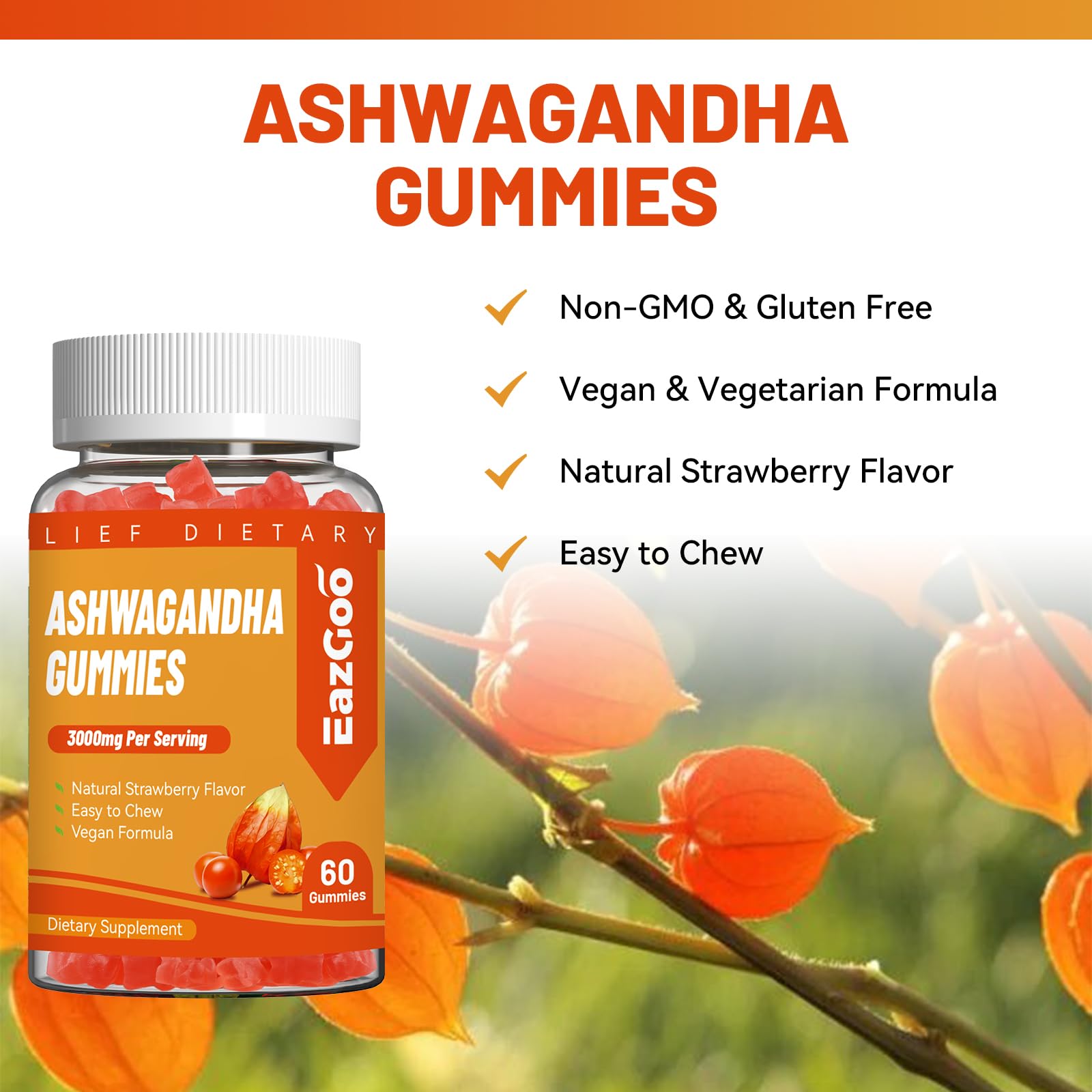EAZGOO Ashwagandha Gummies packaging with ingredients listed
