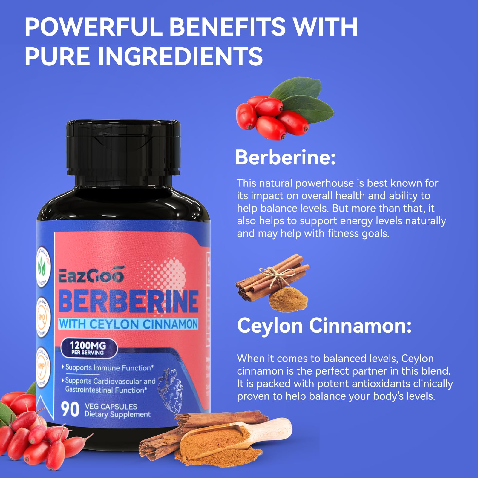 EAZGOO Berberine Plus Ceylon Cinnamon bottle side view