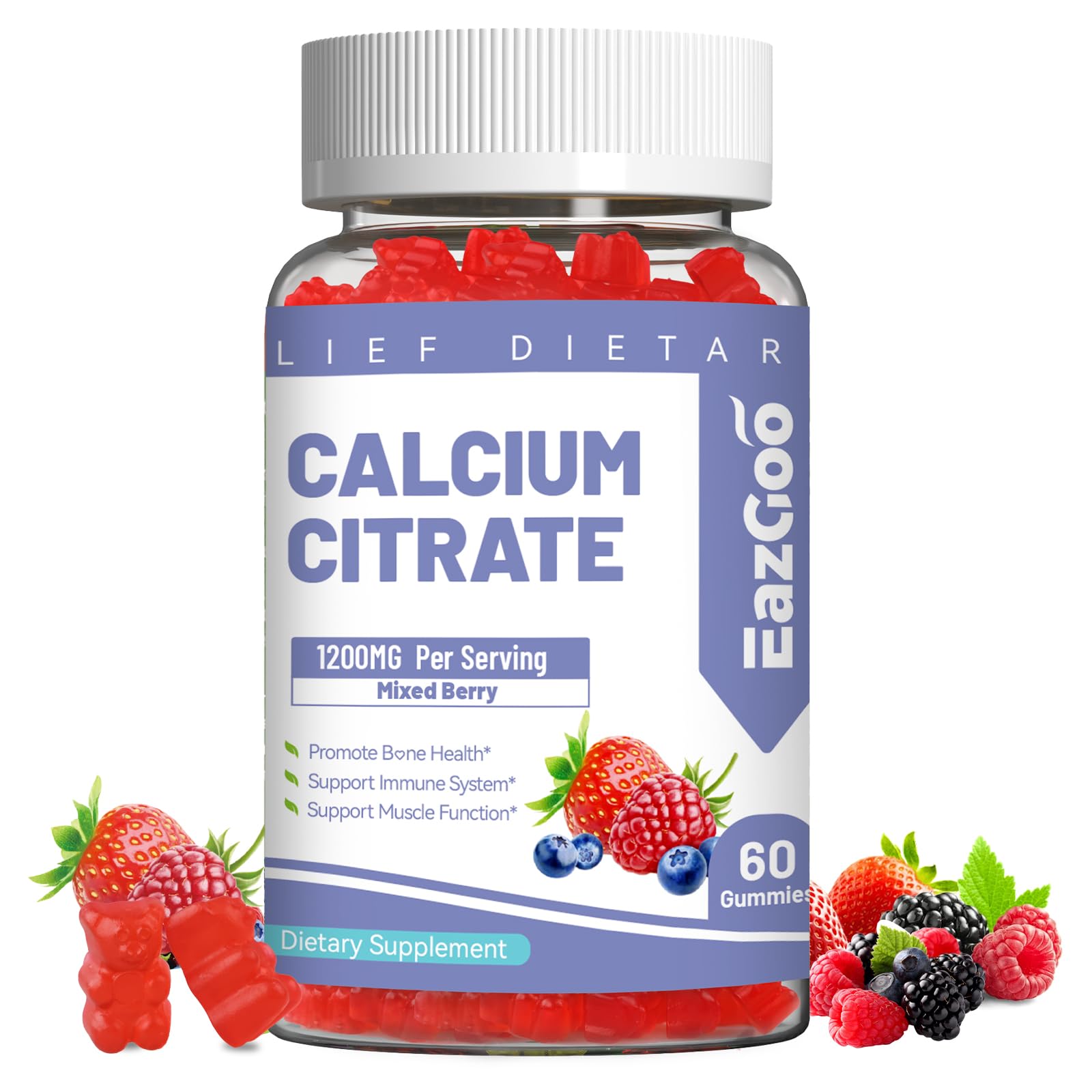 EAZGOO Calcium Citrate Gummies 1200mg front view with mixed berry flavour