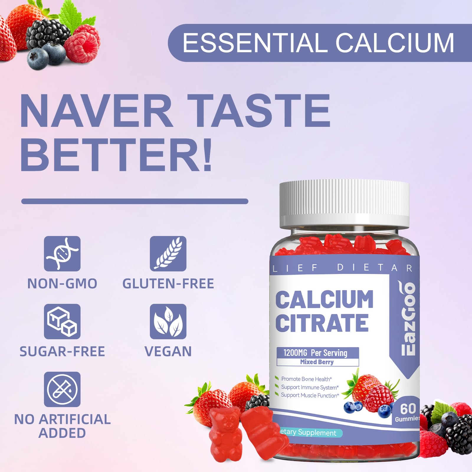 EAZGOO Calcium Citrate Gummies 1200mg gummies in a bowl