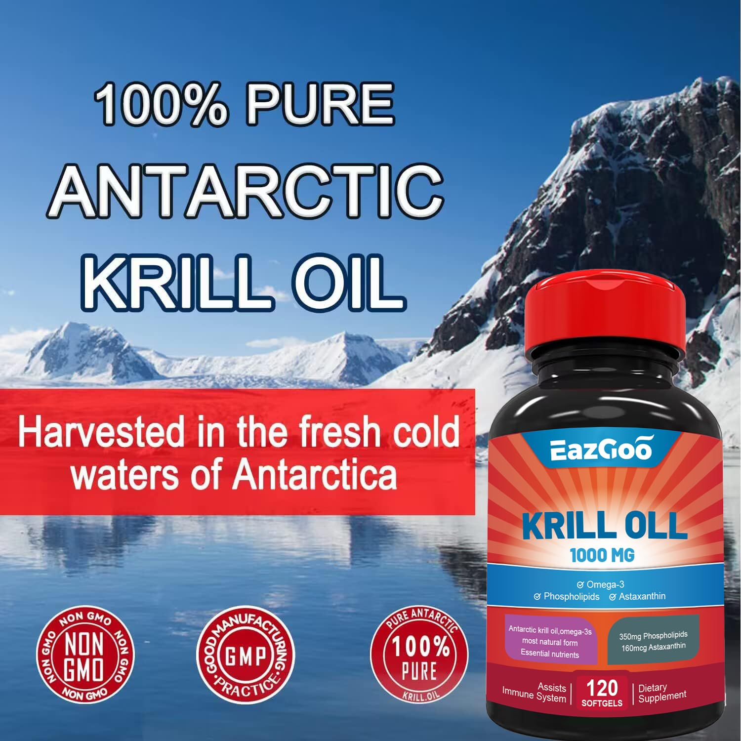 EAZGOO Krill Oil 1000mg supplement bottle side view