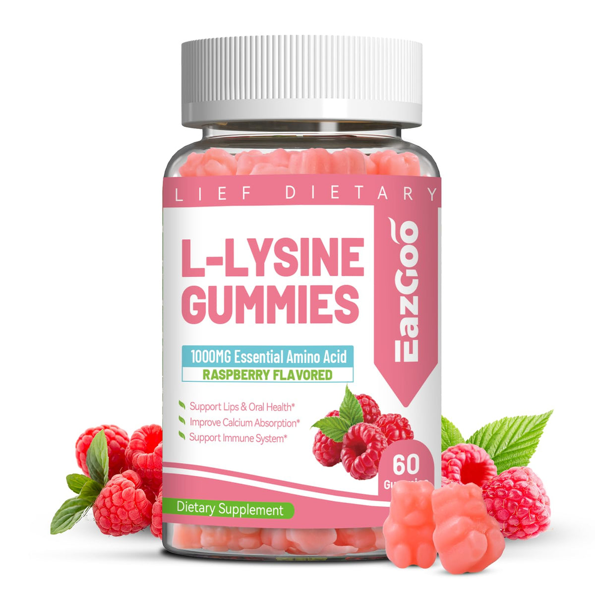 EAZGOO L-Lysine 1000mg Gummies front view with packaging