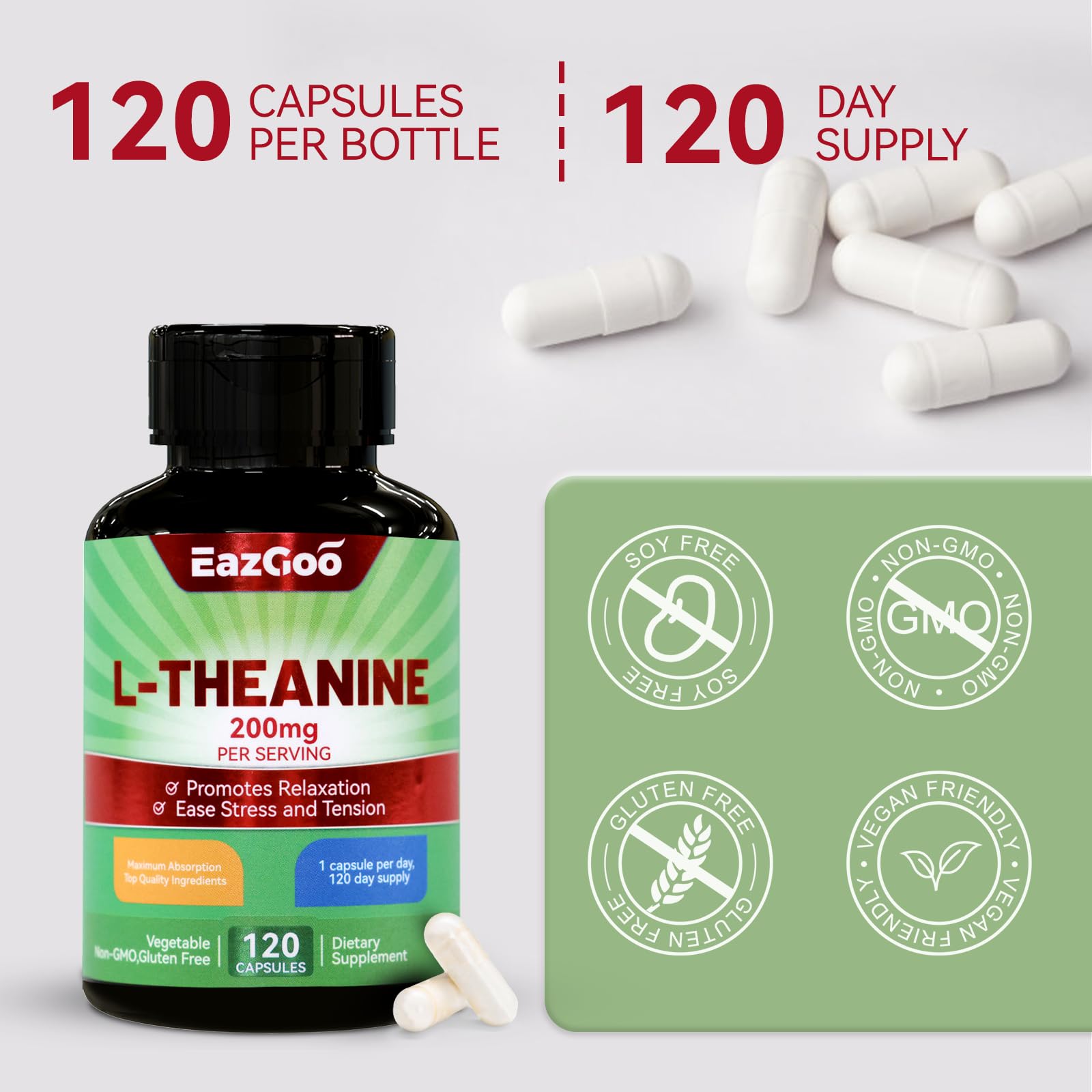 EAZGOO L-Theanine 200mg capsules on a wooden table