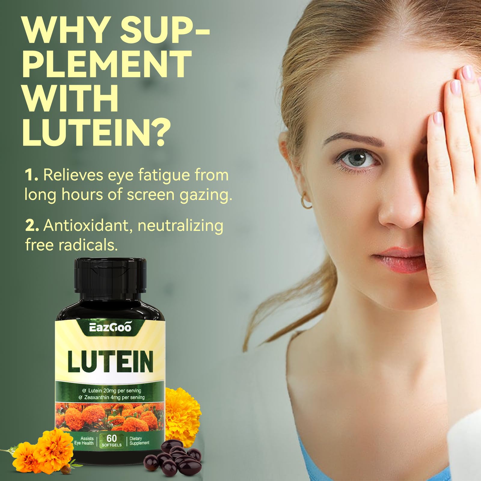 EAZGOO Lutein Supplement softgels in a hand