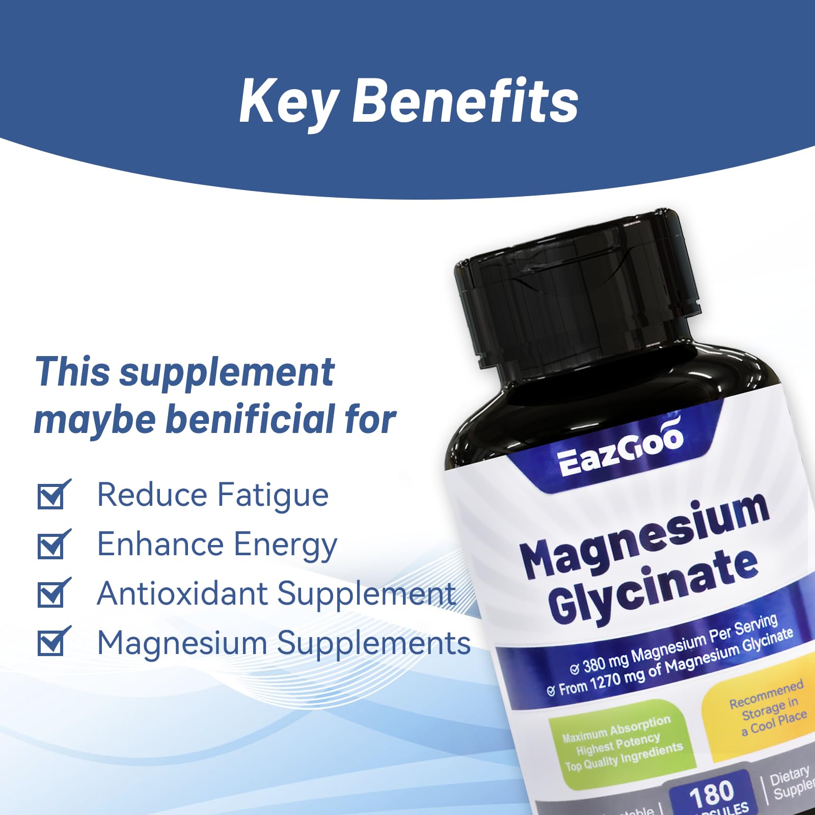 EAZGOO Magnesium Glycinate Capsules side view showing dosage information