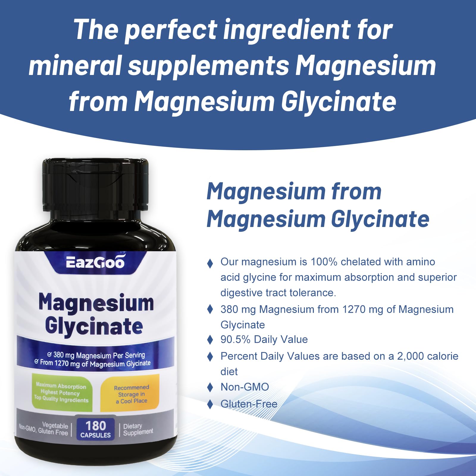EAZGOO Magnesium Glycinate Capsules with a hand holding the bottle