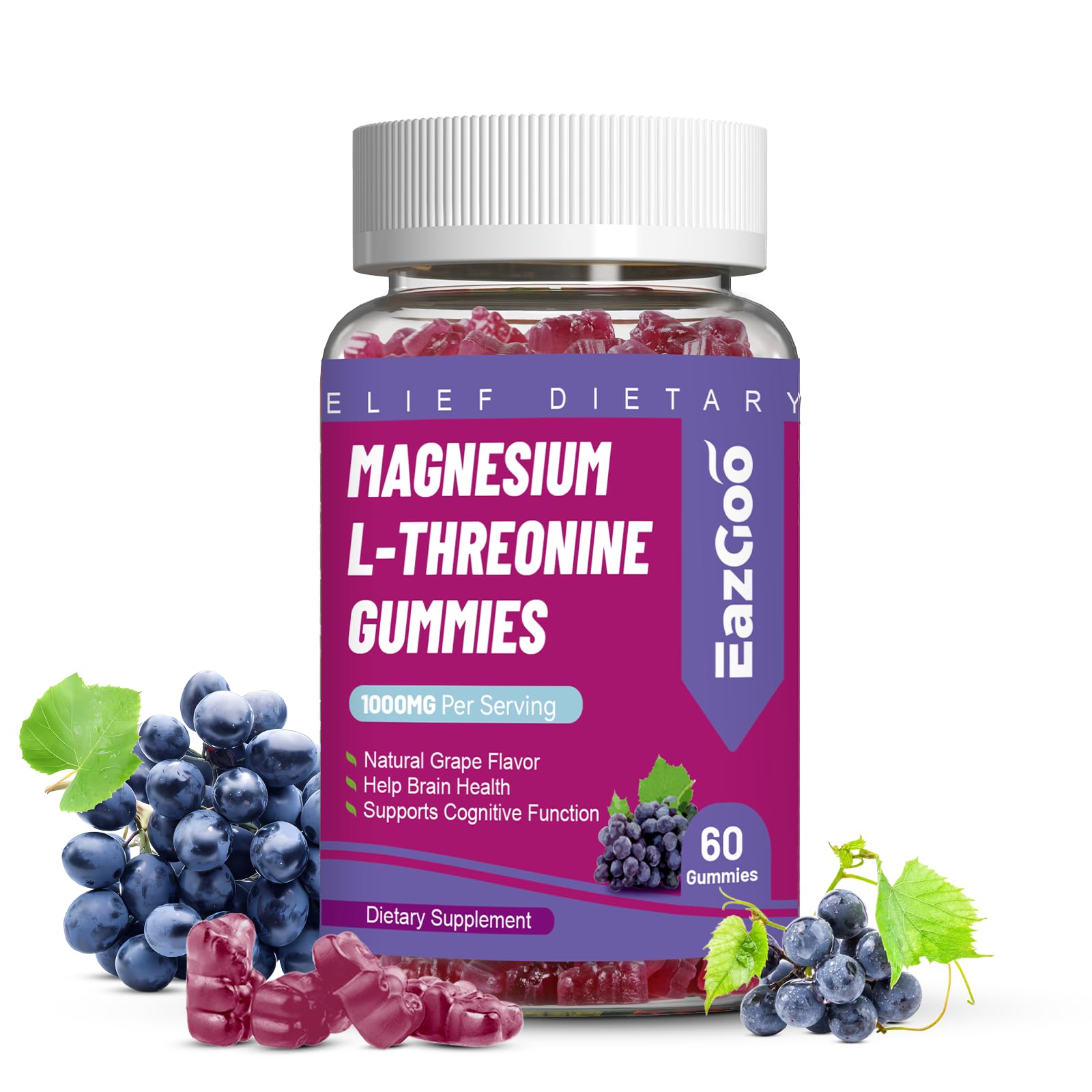 EAZGOO Magnesium Threonine Gummies front view with grape flavour