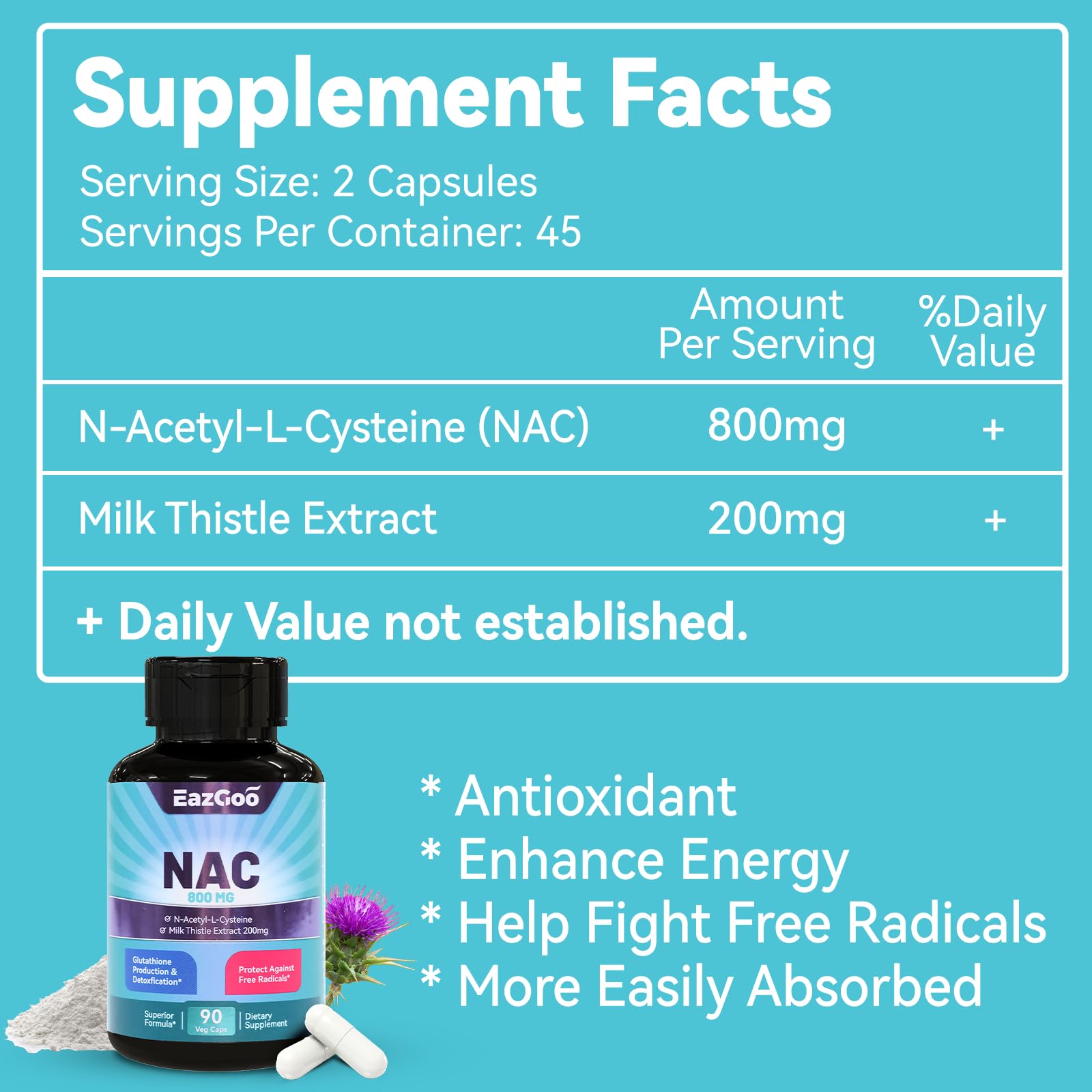EAZGOO NAC Supplement 800mg back view of bottle