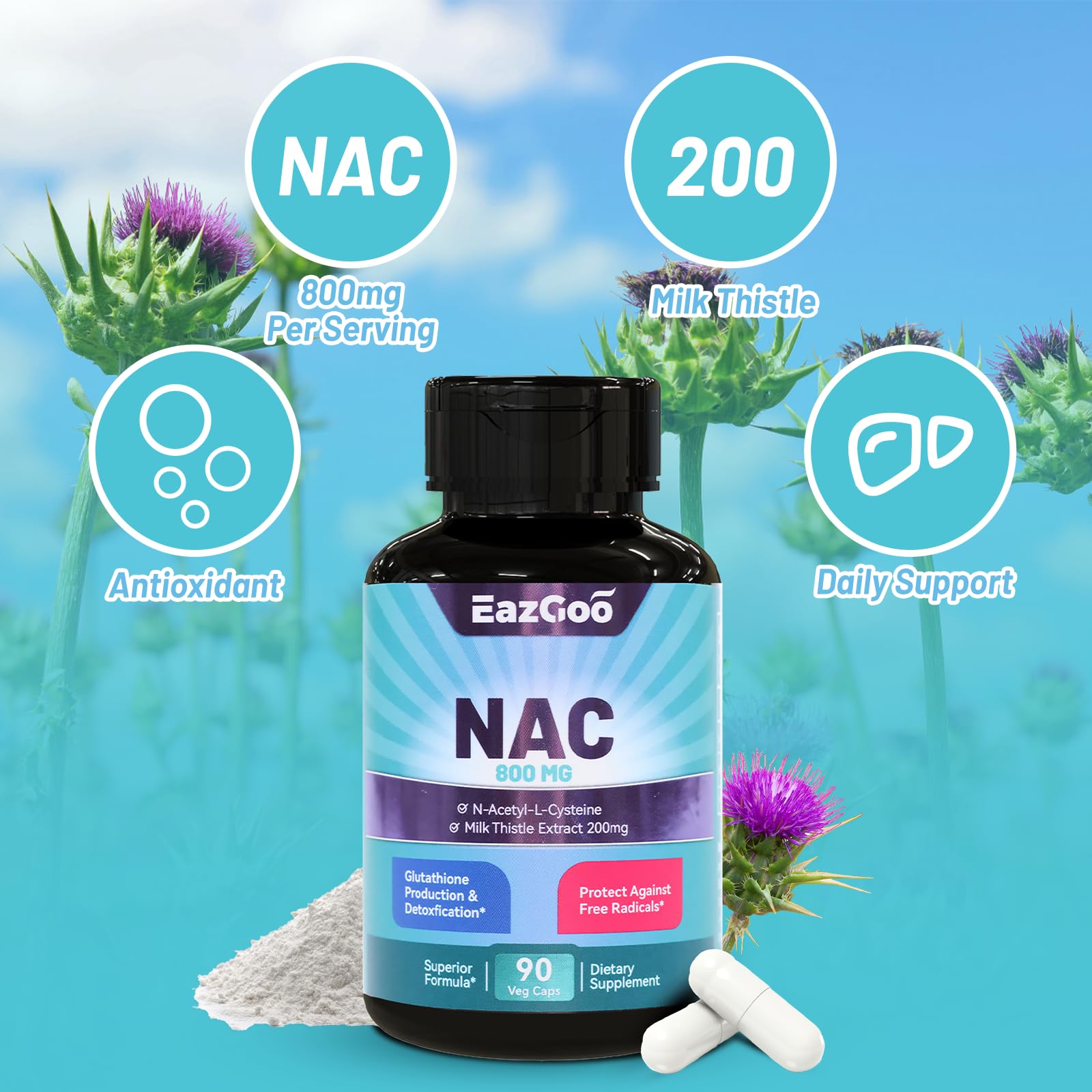EAZGOO NAC Supplement 800mg bottle with a glass of water